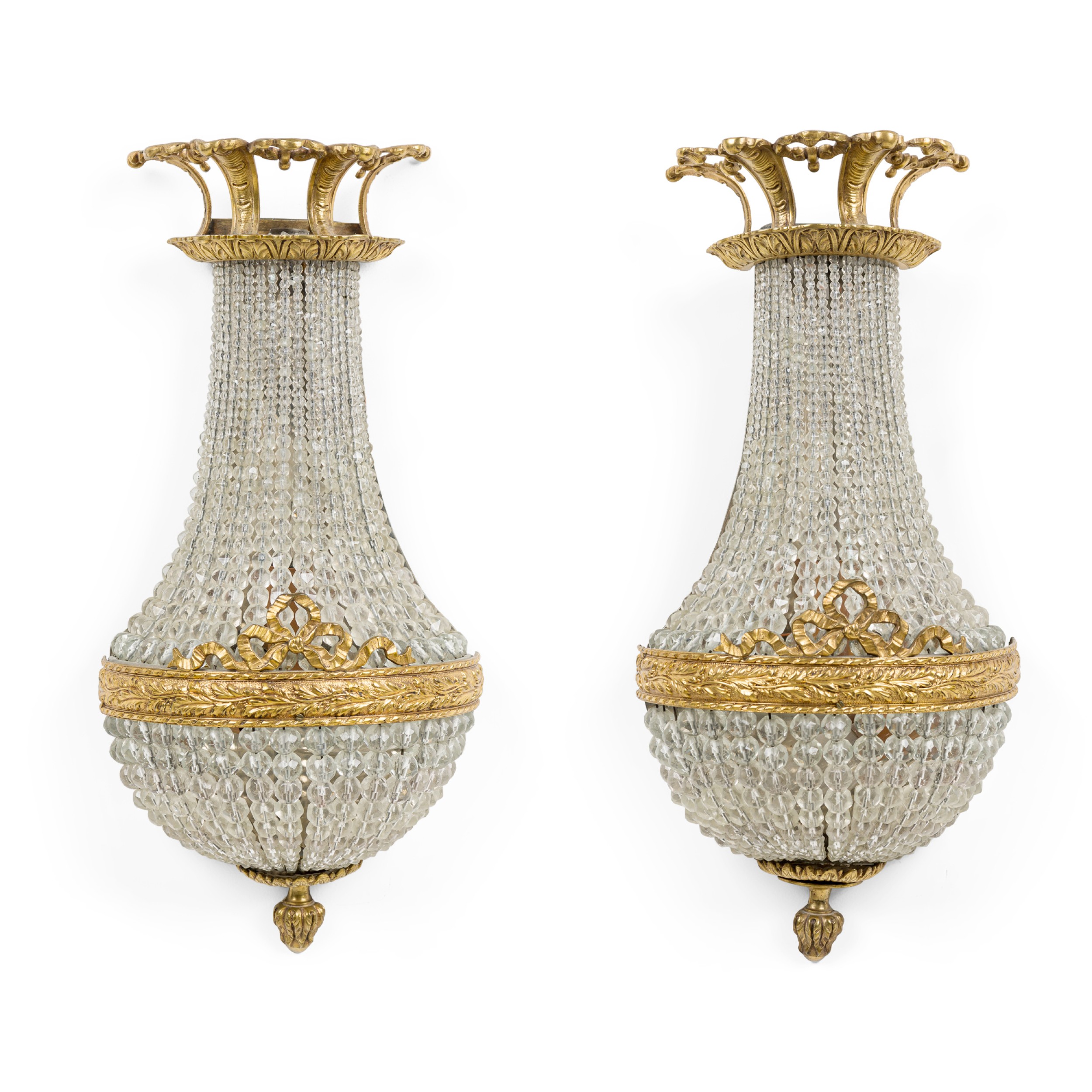 Pair of french empire style bronze and crystal wall lights sconces