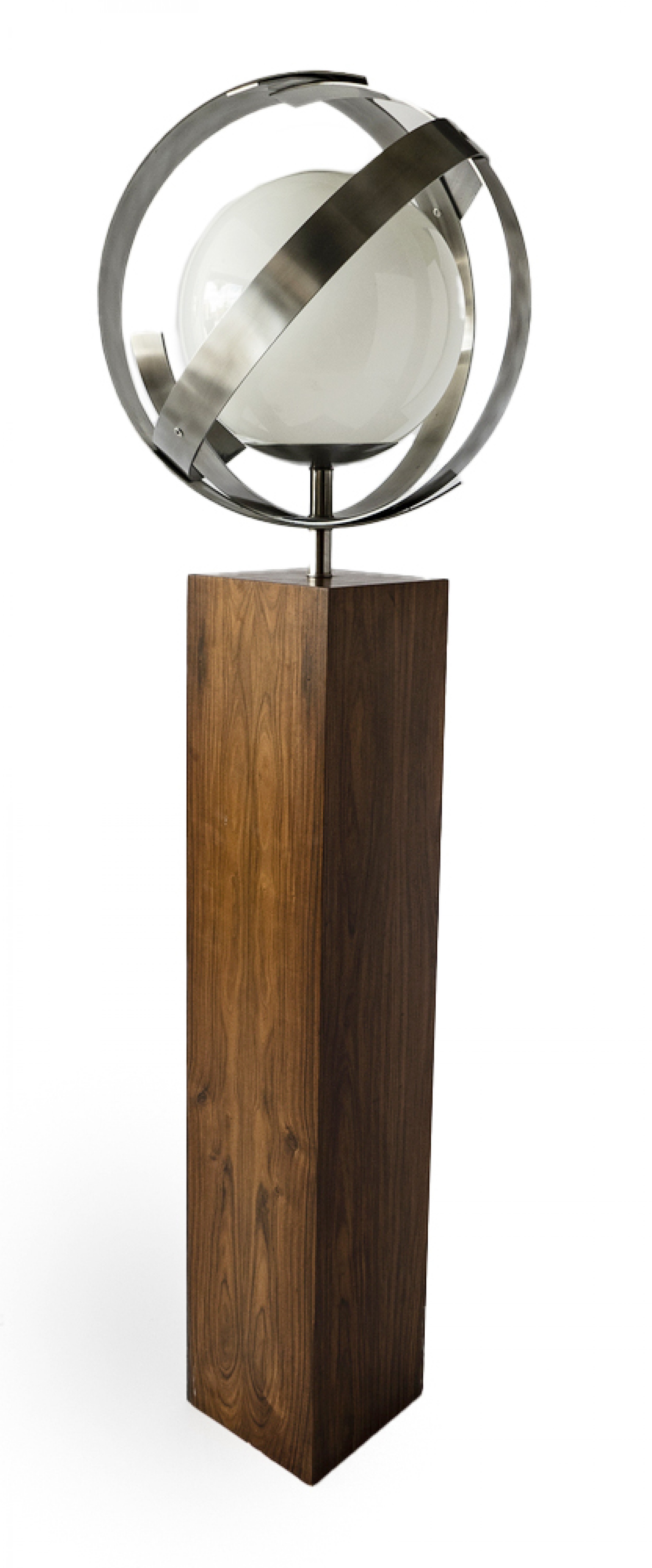 American modern rosewood stainless steel and glass floor lamp
