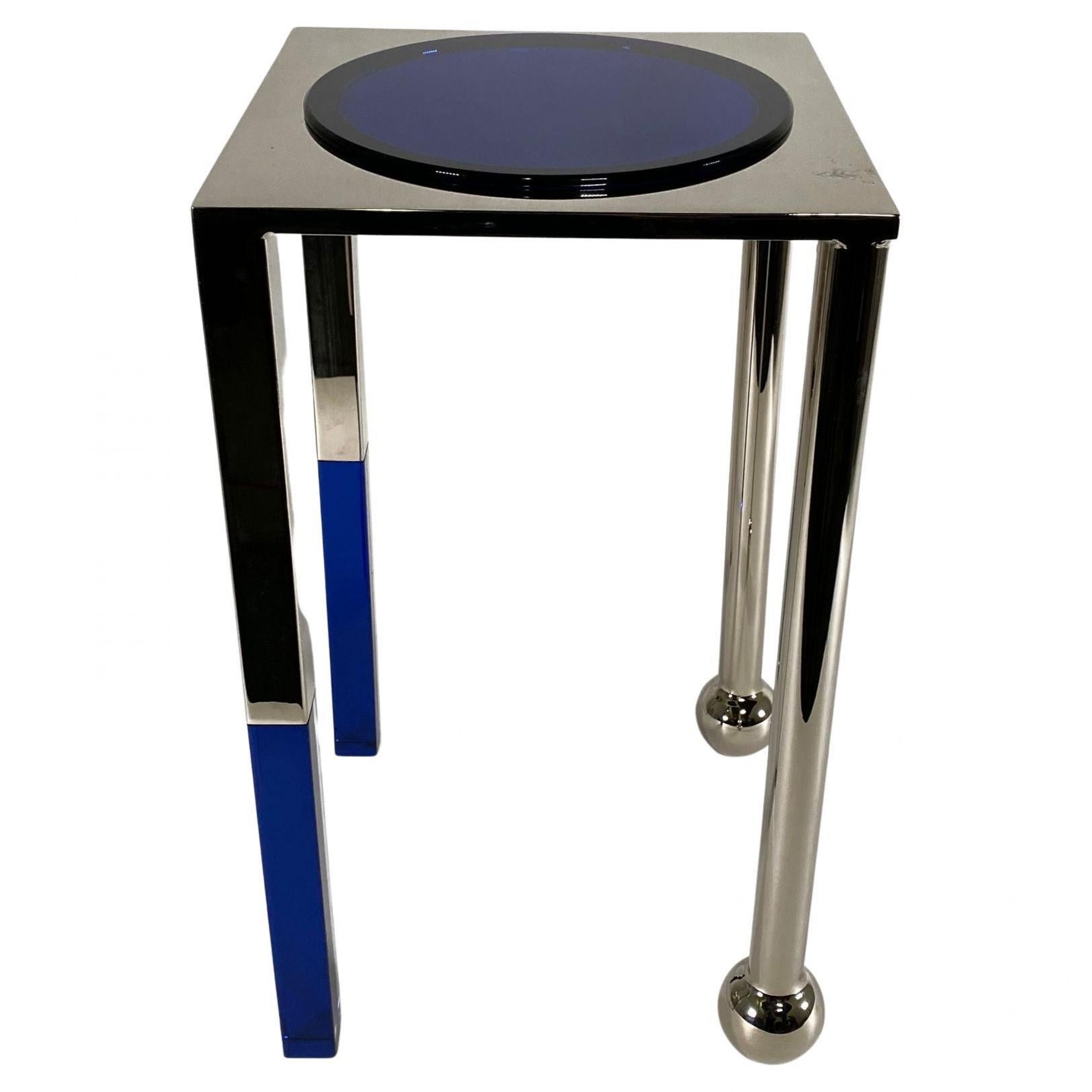 American modern polished nickel and blue lucite moon table charles hollis jones