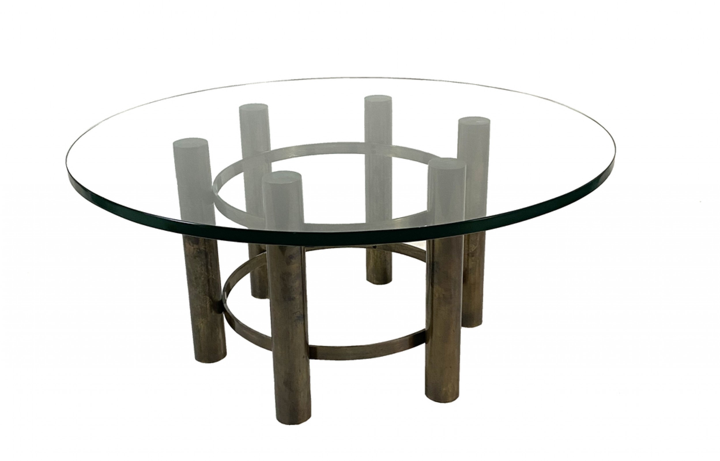 Round glass top coffee table with bronze base