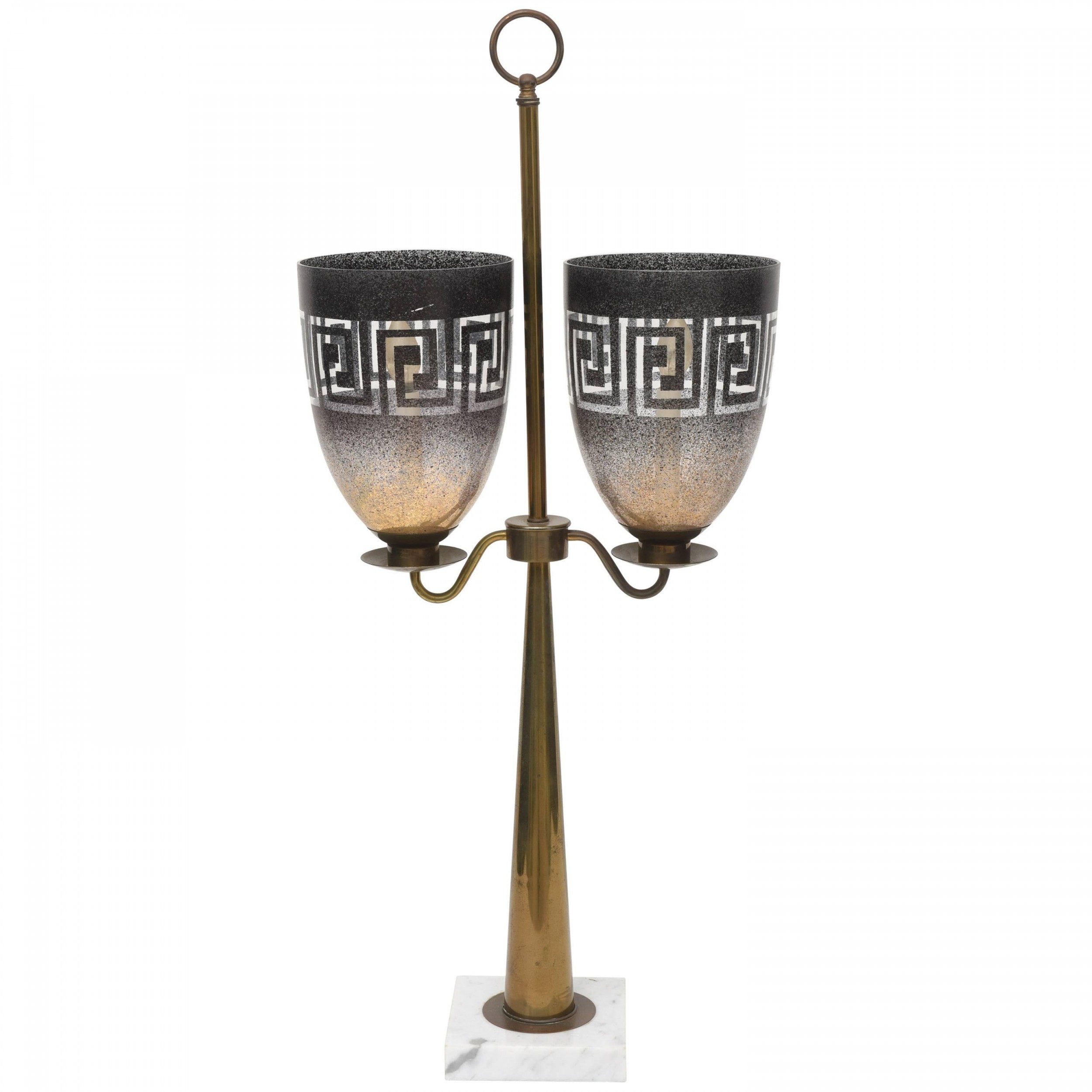 American modern brass glass and marble lamp style of tommi parzinger