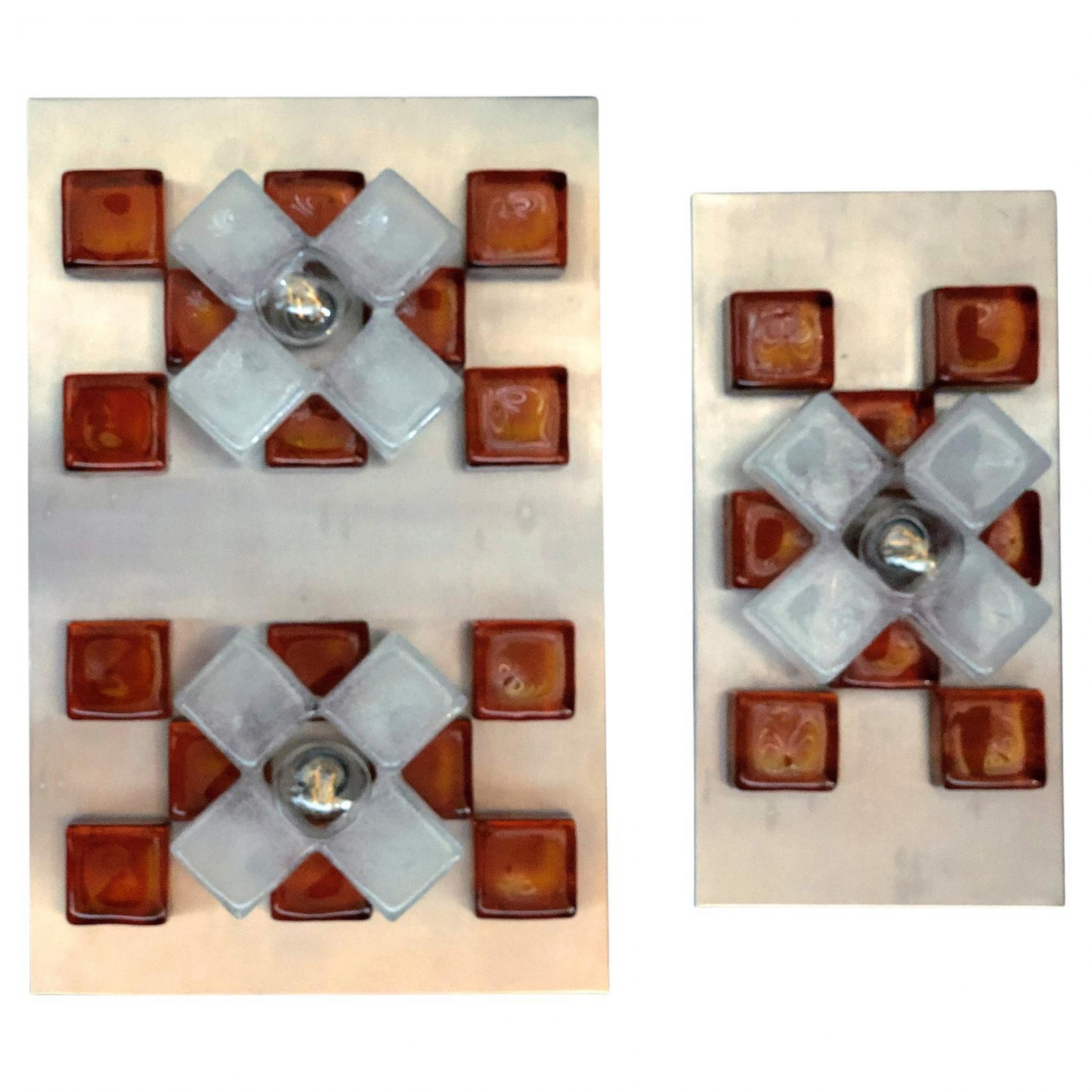 Companion pair of italian modern brushed chrome and glass wall lights poliarte