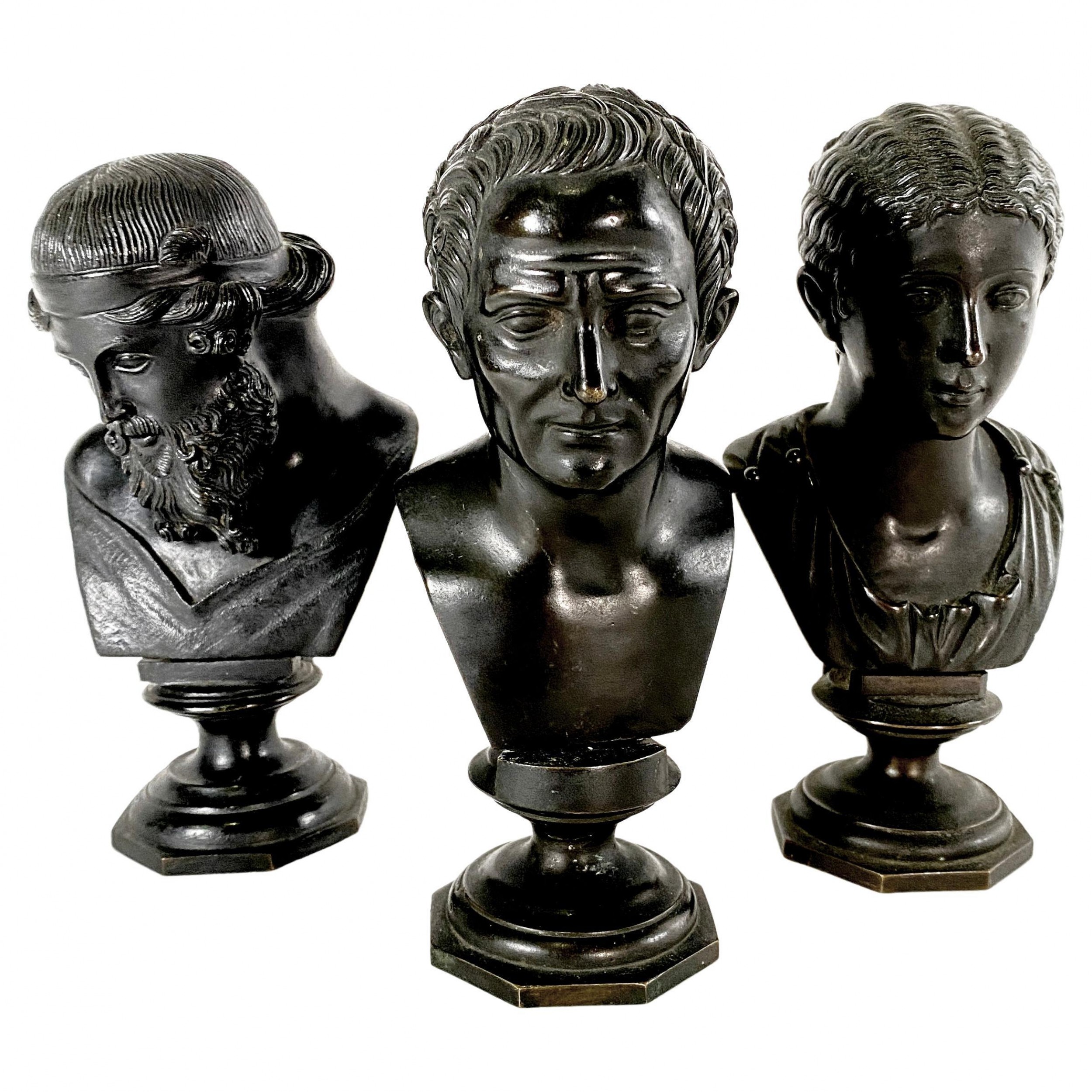 Set 3 italian neoclassic style patinated bronze reductions of busts of emperors