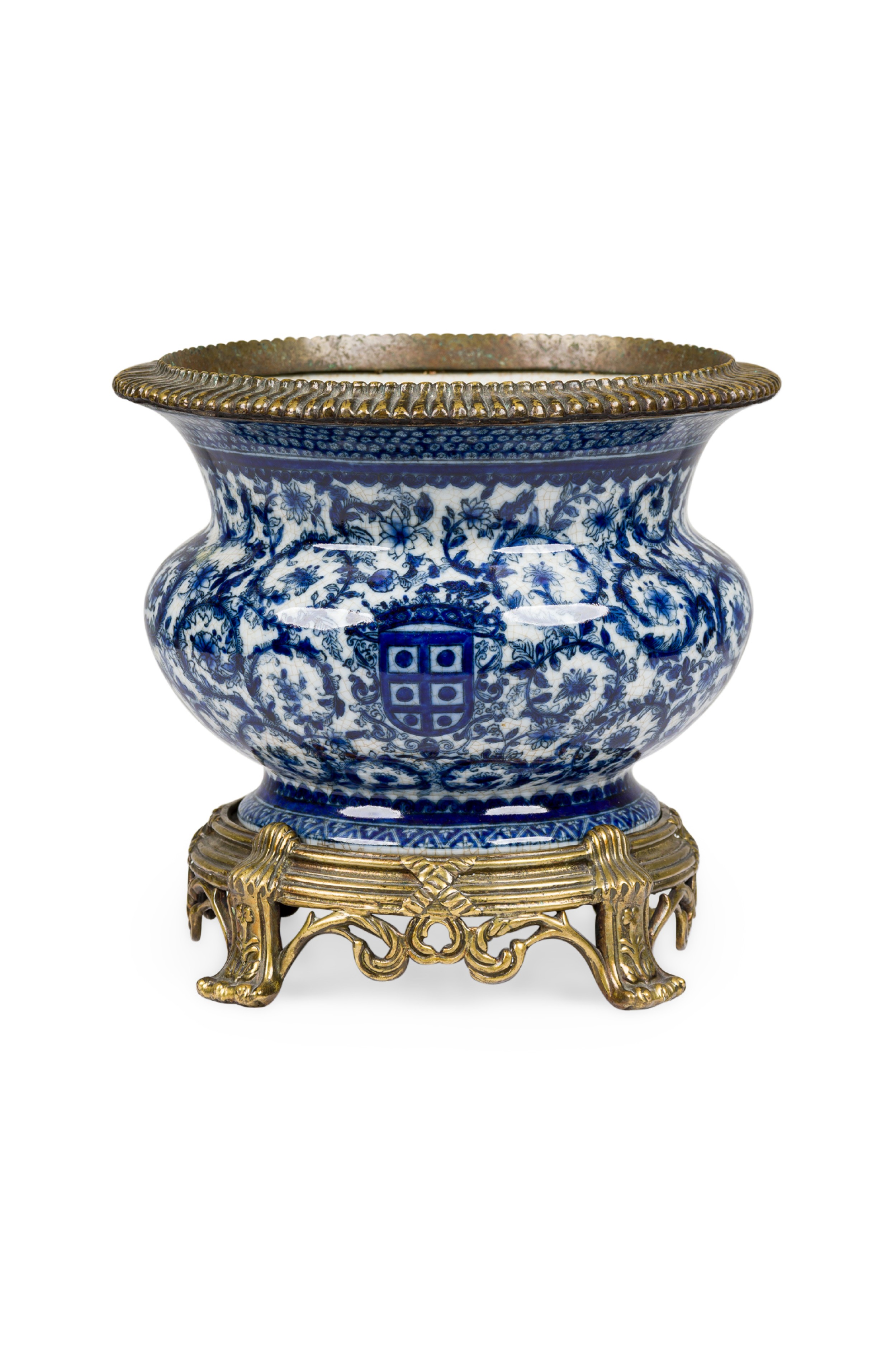 French louis xv style blue and white ormolu mounted porcelain cachepot