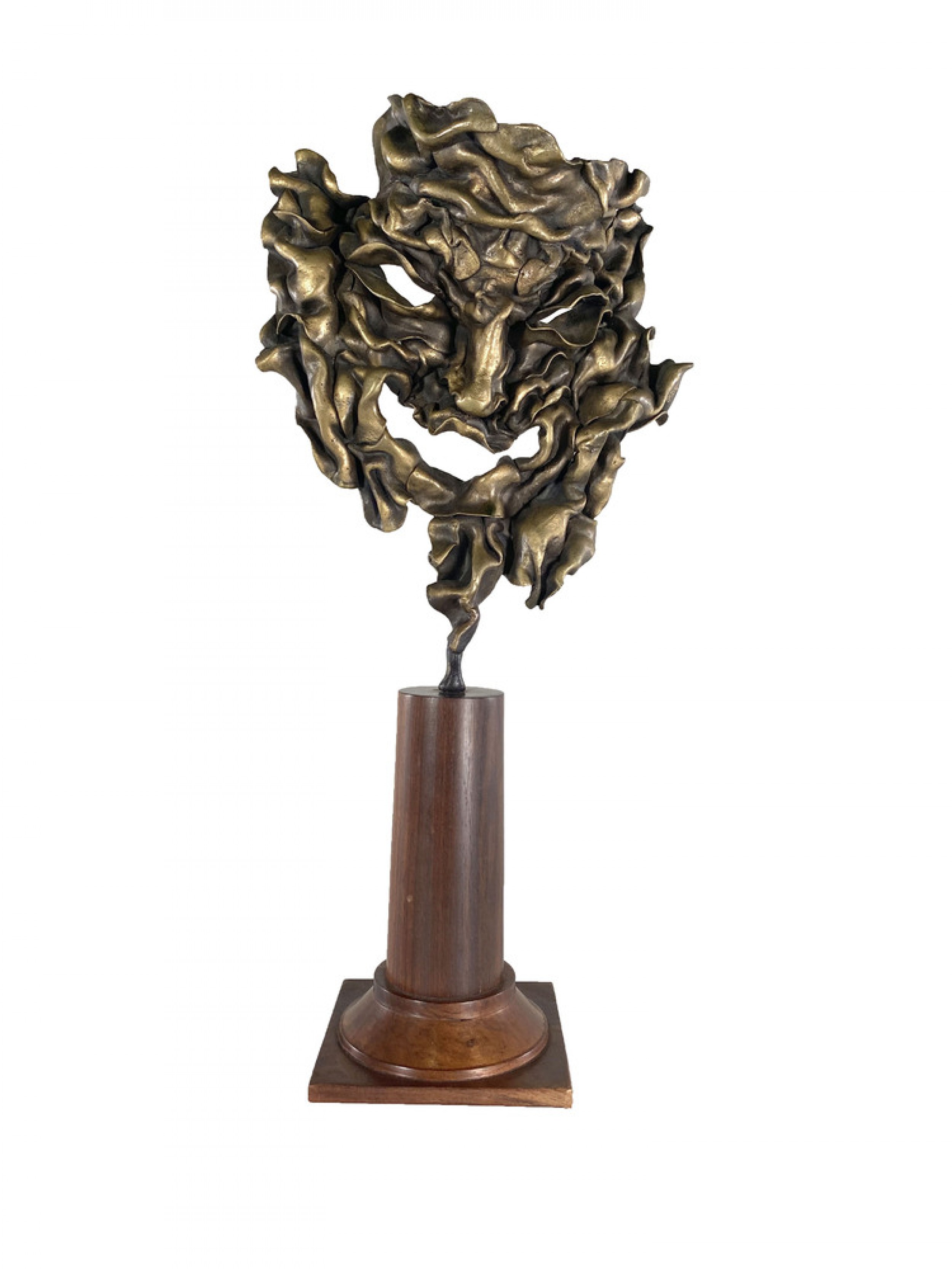 Bronze mask sculpture on wood base