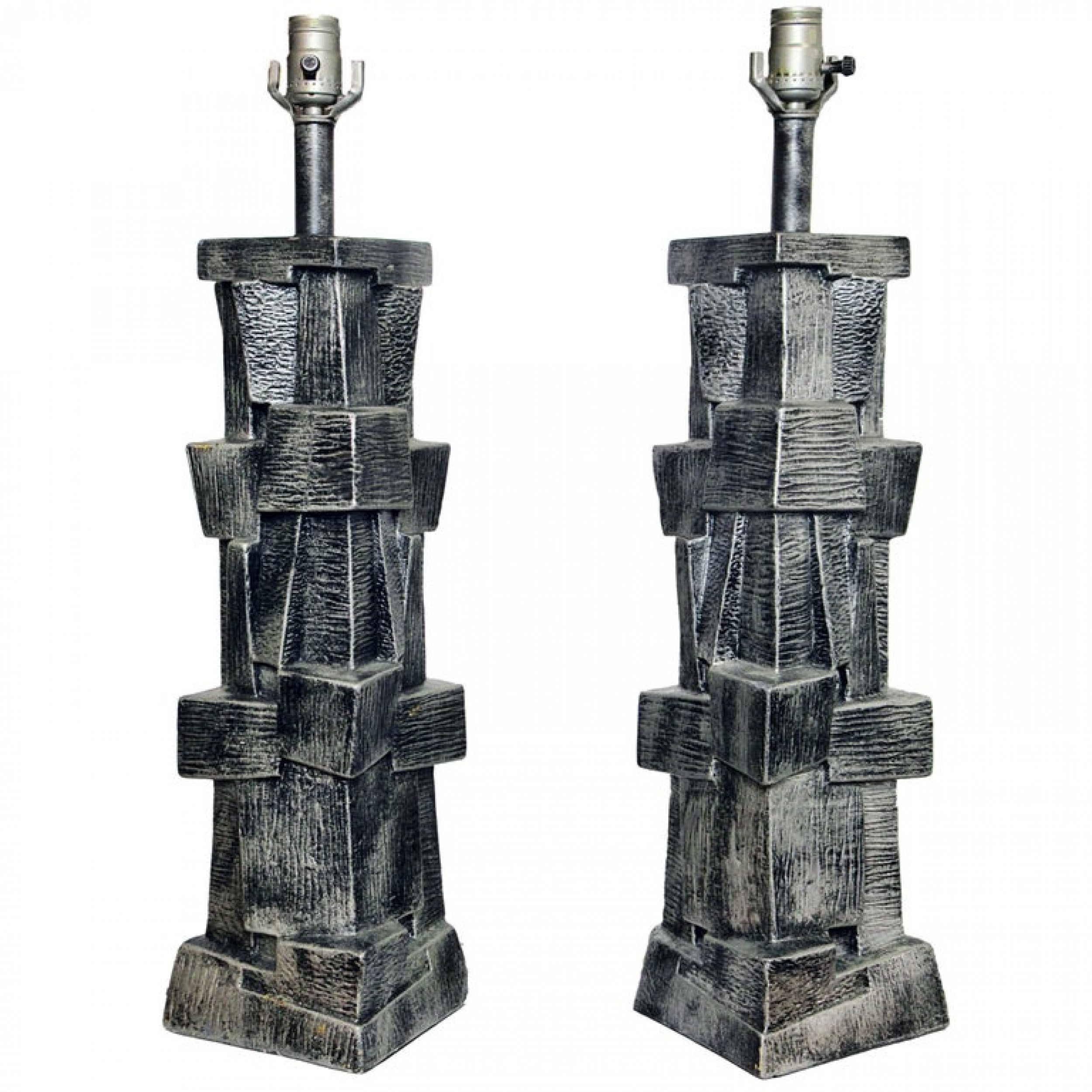 Pair of american modern glazed ceramic brutalist table lamps