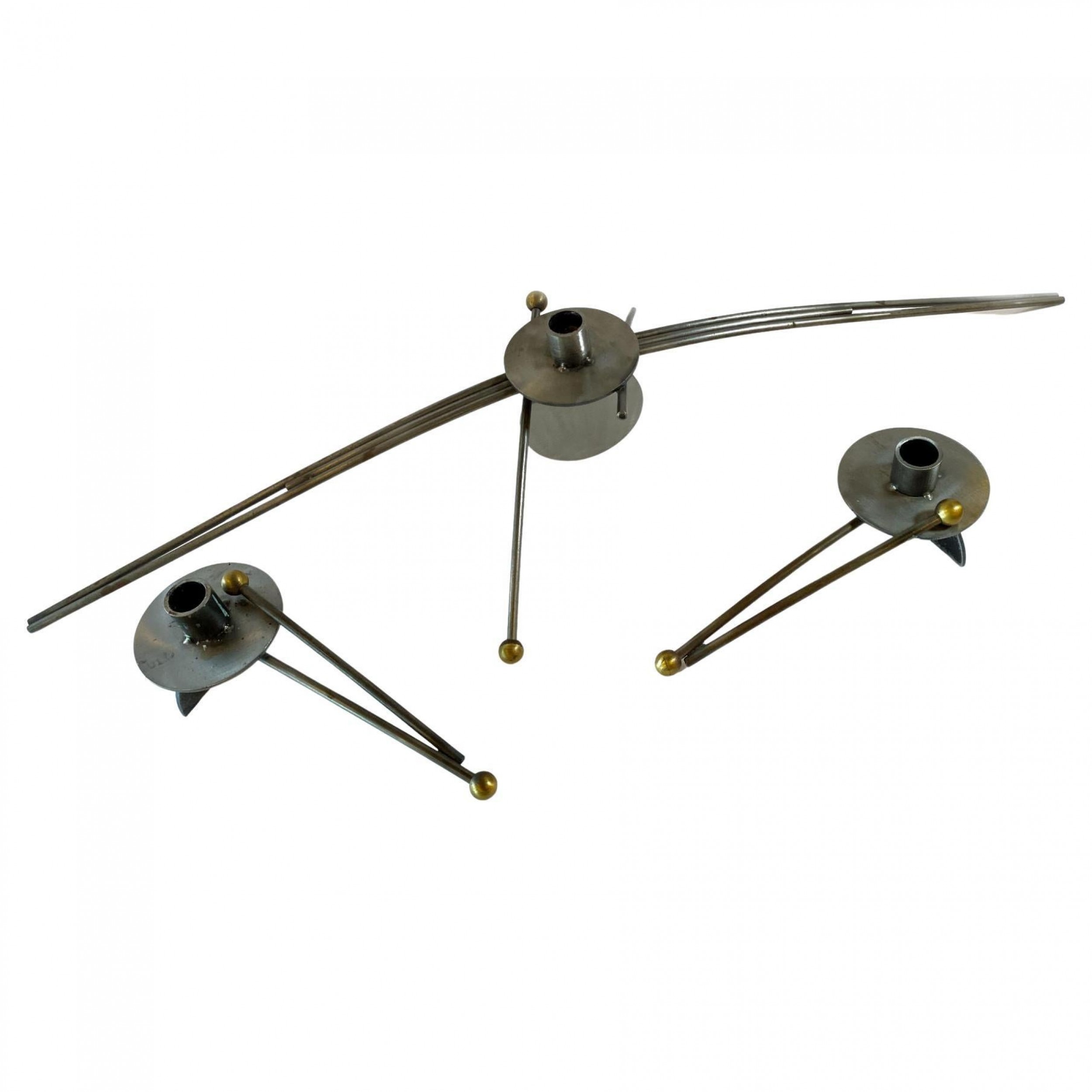Set of 3 american modern steel and brass candlesticks girardini design