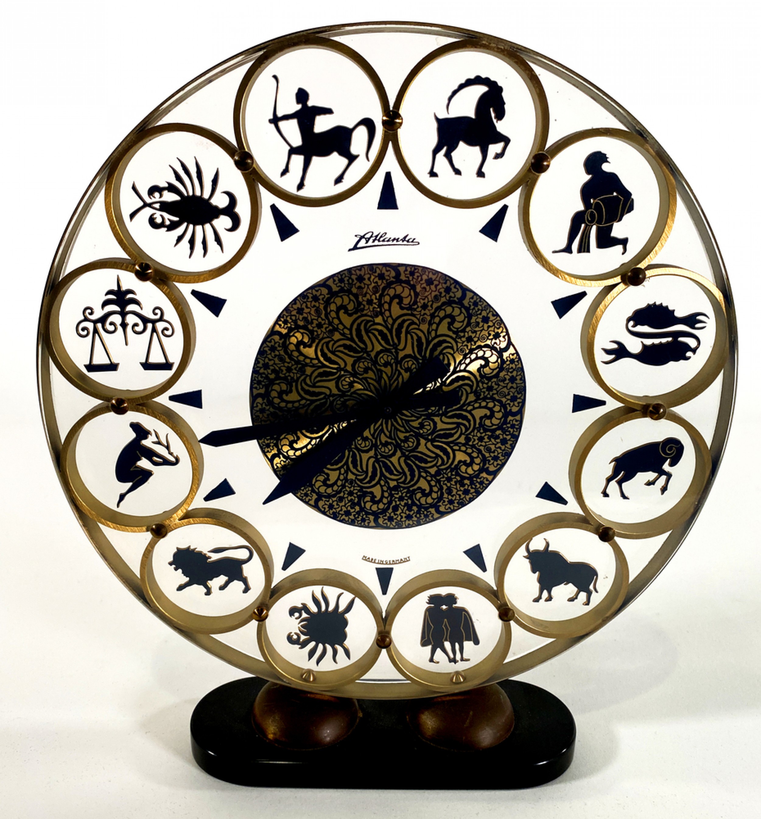 German brass and lucite zodiac clock by atlanta