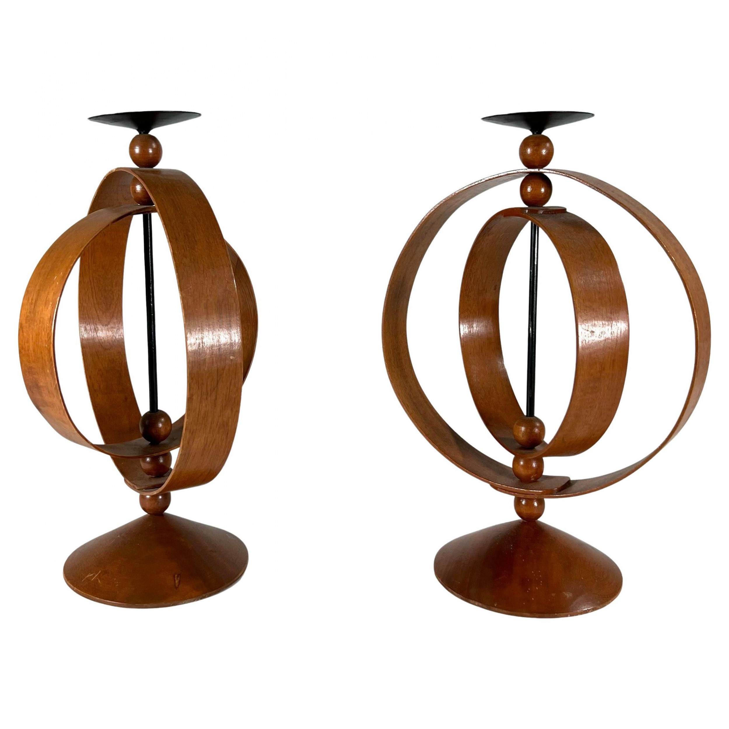 Pair of danish modern teak rotating spherical candlesticks
