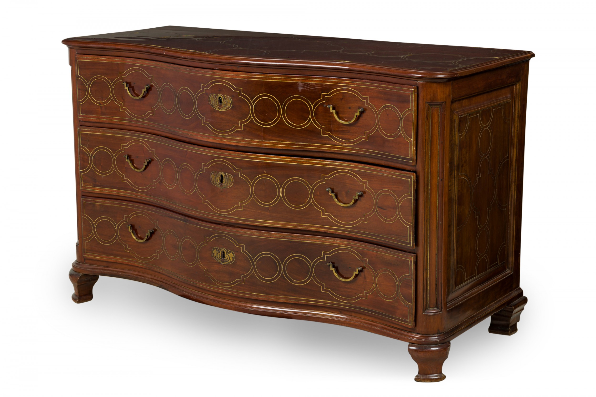 Maltese continental rosewood and brass inlaid serpentine commode