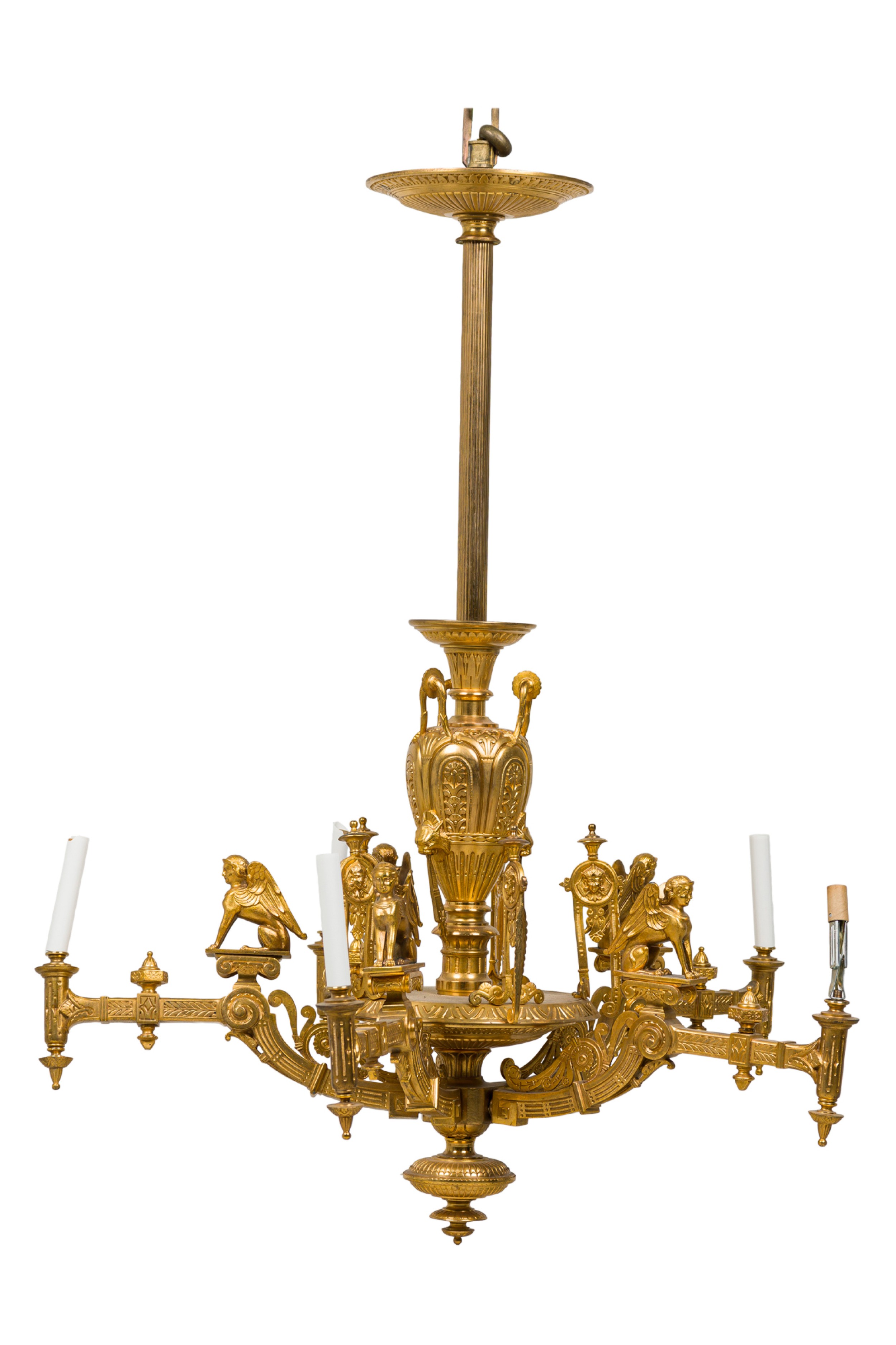 French empire style gilt bronze five light chandelier