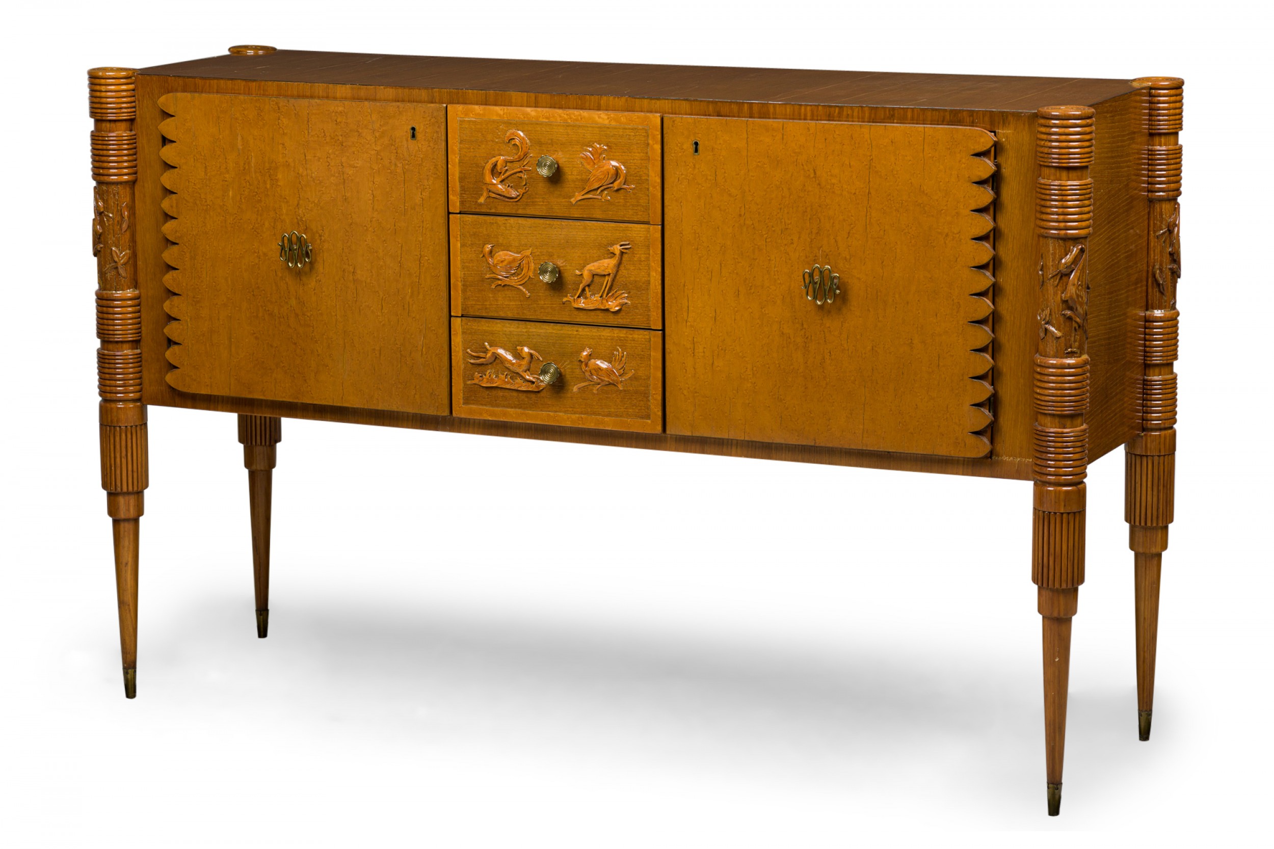 Pier luigi colli italian mid century burled birch and carved bird design sideboard