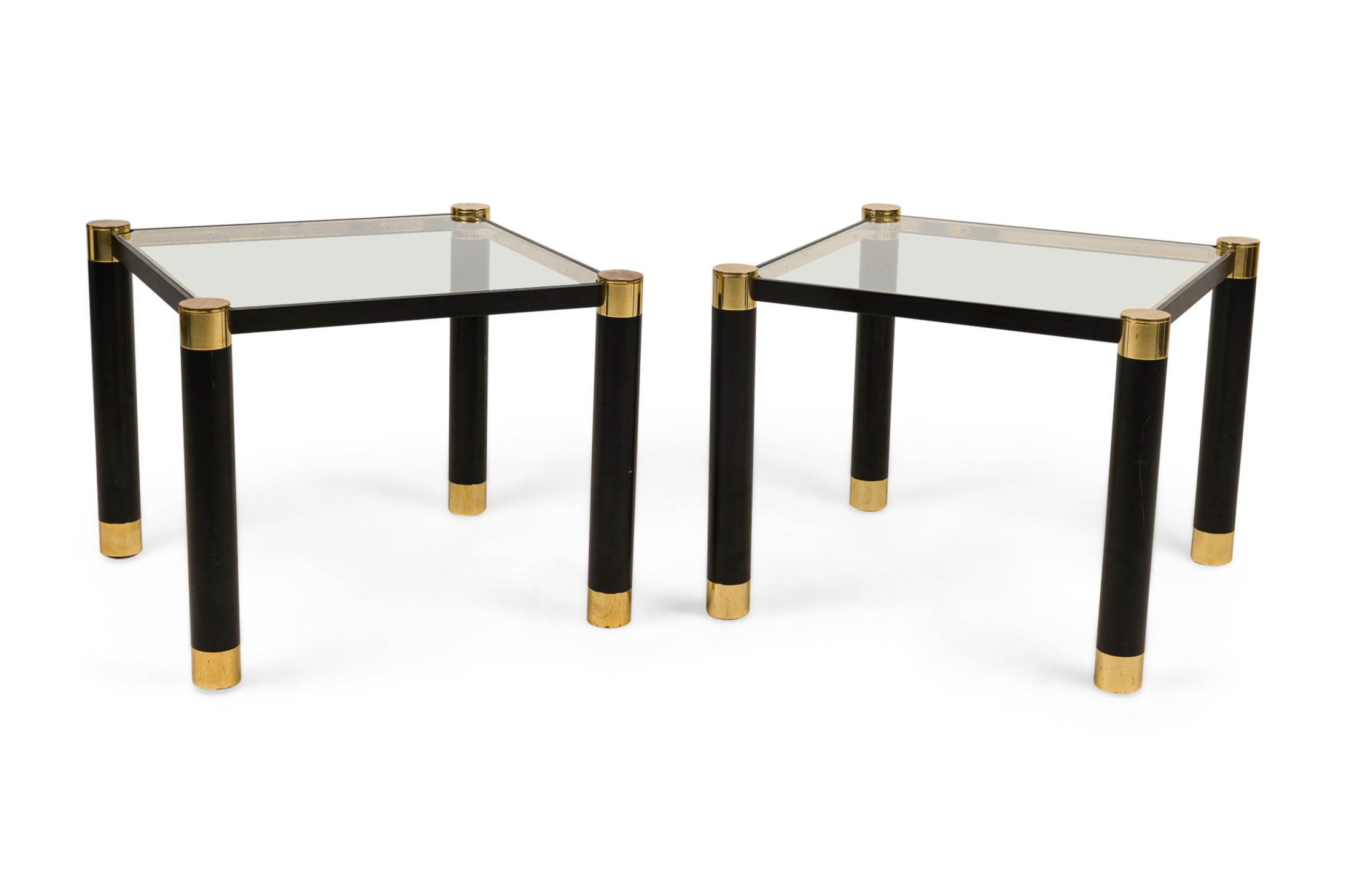 Pair of karl springer mid century american modern brass ebonized metal end side table frames