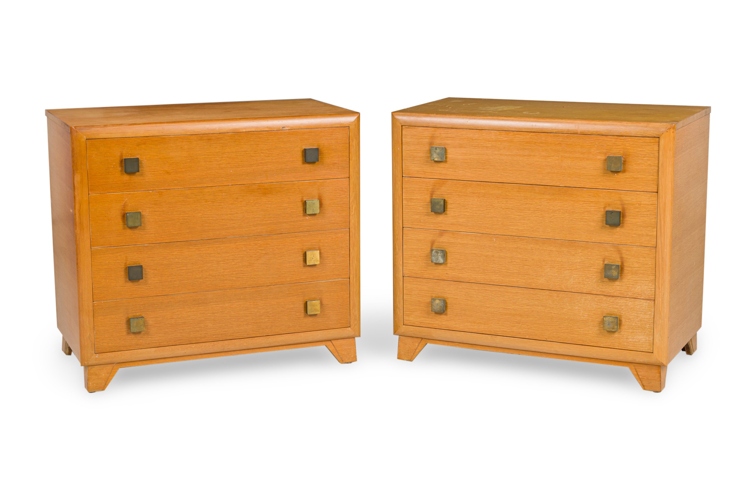 Pair of t.h. robsjohn gibbings mid century american modern bleached walnut and brass chests