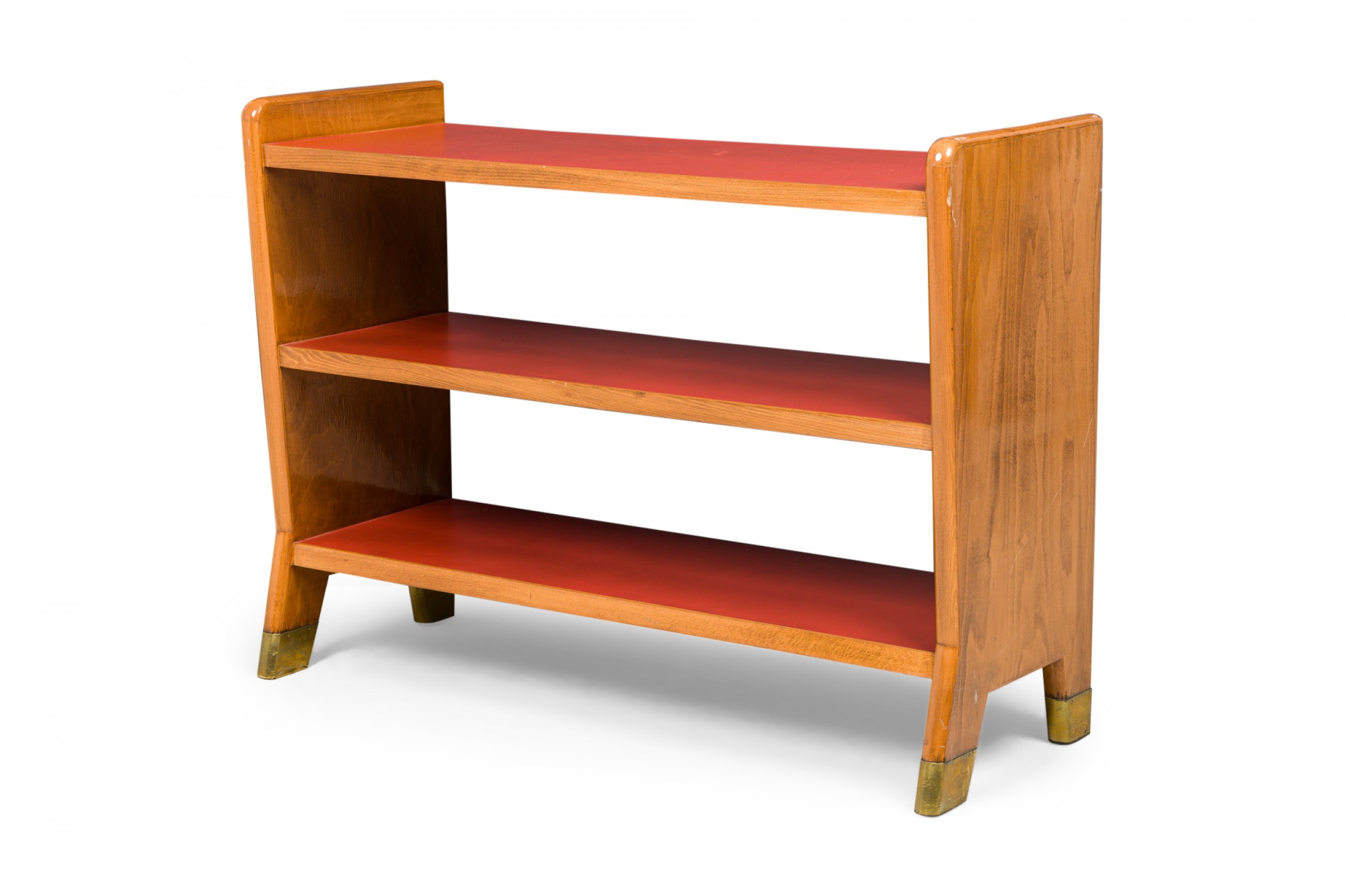 Gio ponti italian mid century fruitwood and red leather small 3 shelf bookcase