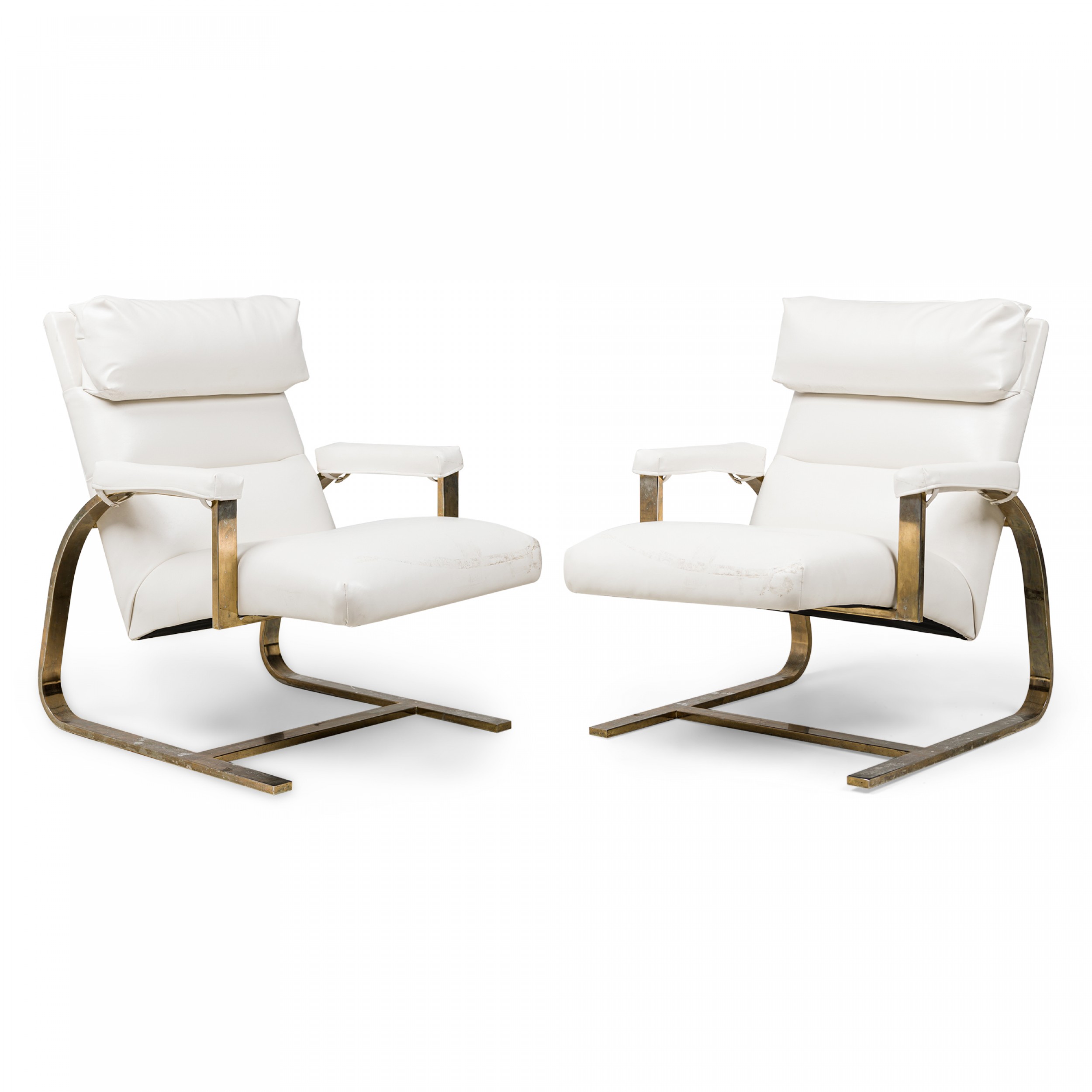 Pair of milo baughman mid century american brass white leather upholstered arm chairs