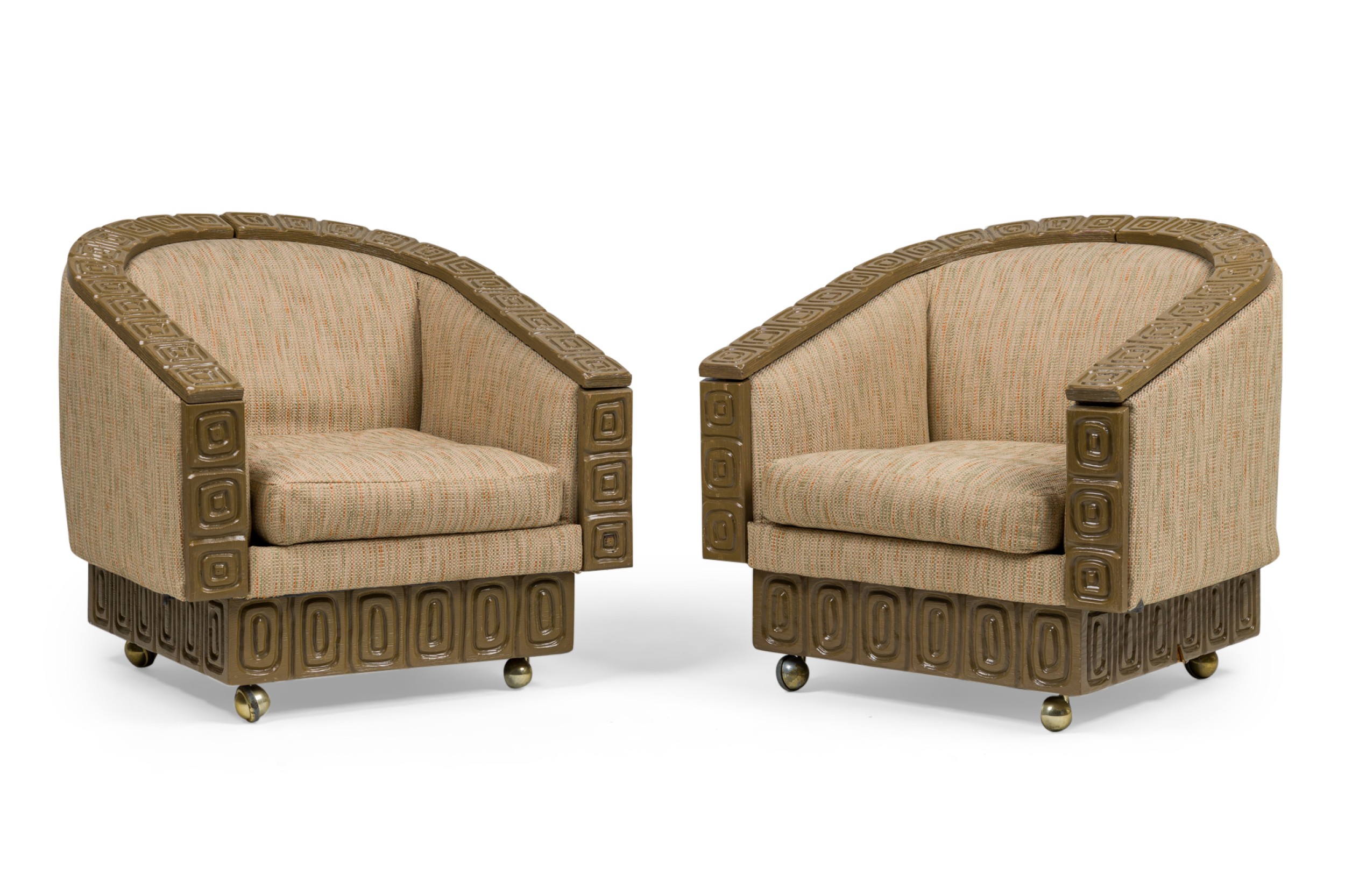 Pair of romweber mid century american limed oak upholstered revolving club armchairs