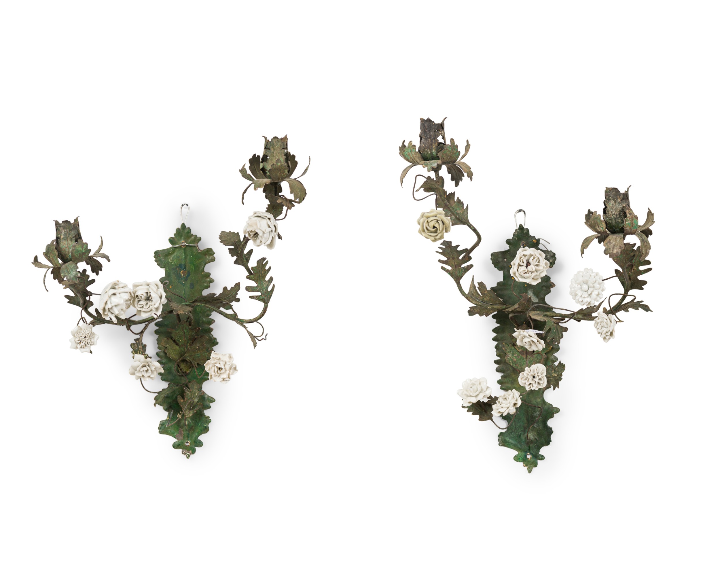 Pair of italian 19th century tole and porcelain two light floral wall appliques sconces