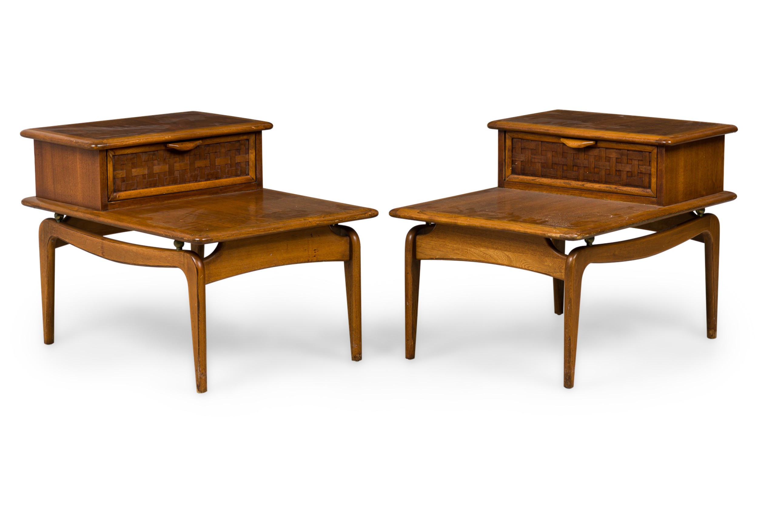 Pair of lane altavista mid century american modern walnut 2 tier nightstands end tables