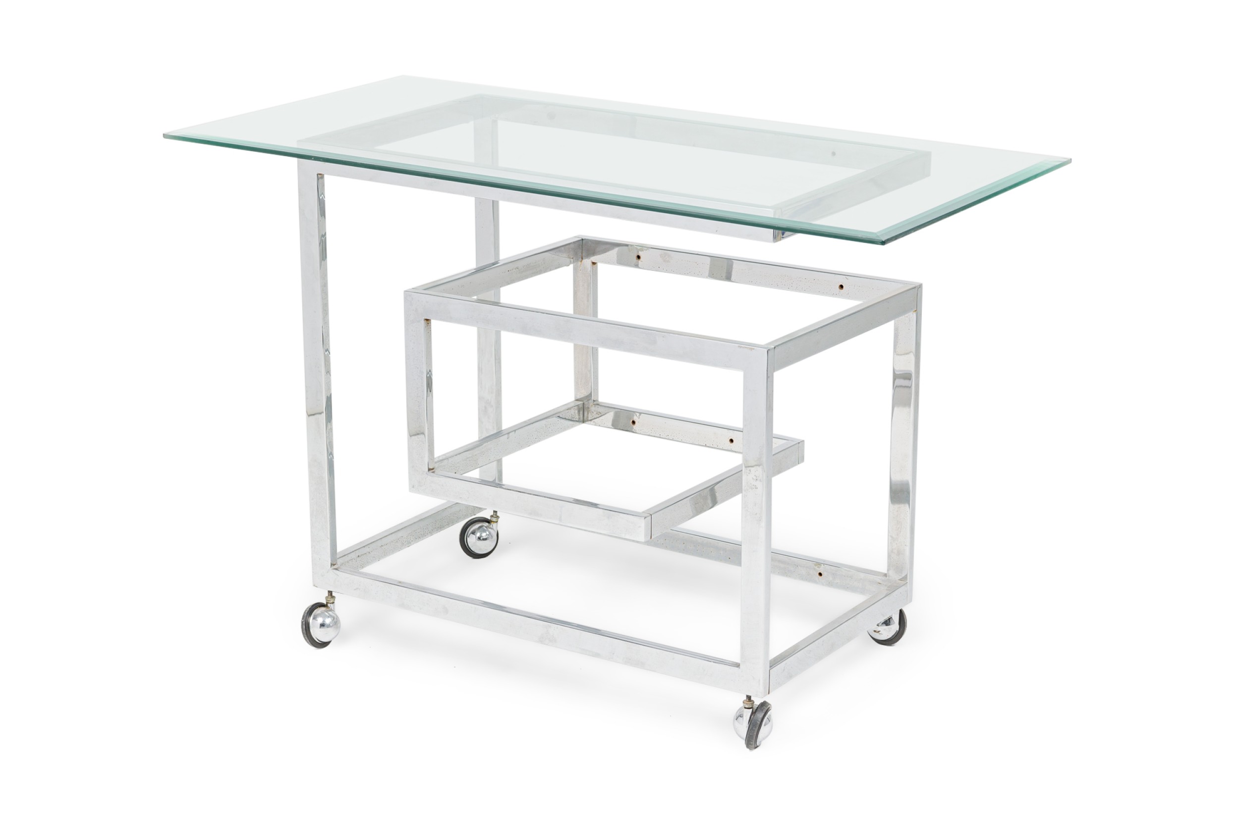 Mid century american chrome rolling greek keyfret bar cart frame style of milo baughman