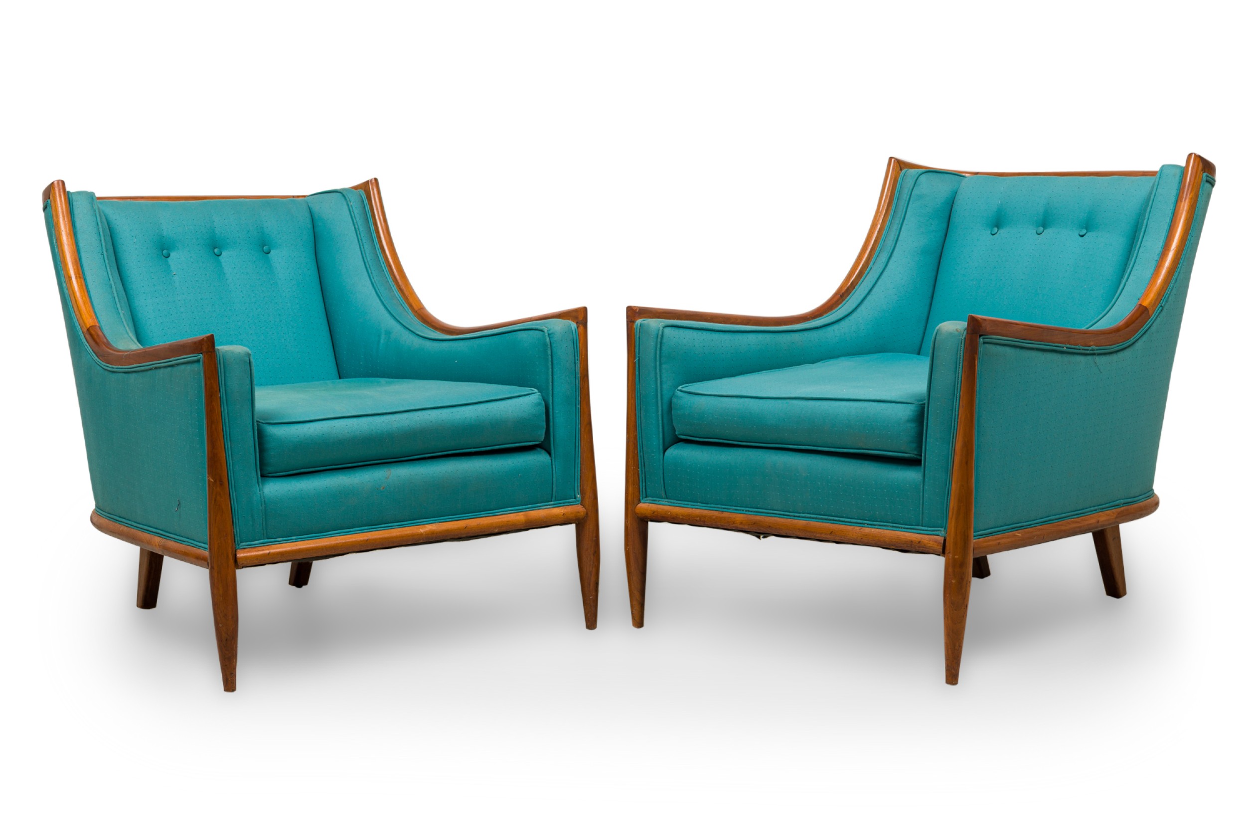 Pair of th robsjohn gibbings mid century modern walnut and blue upholstery bergere armchairs