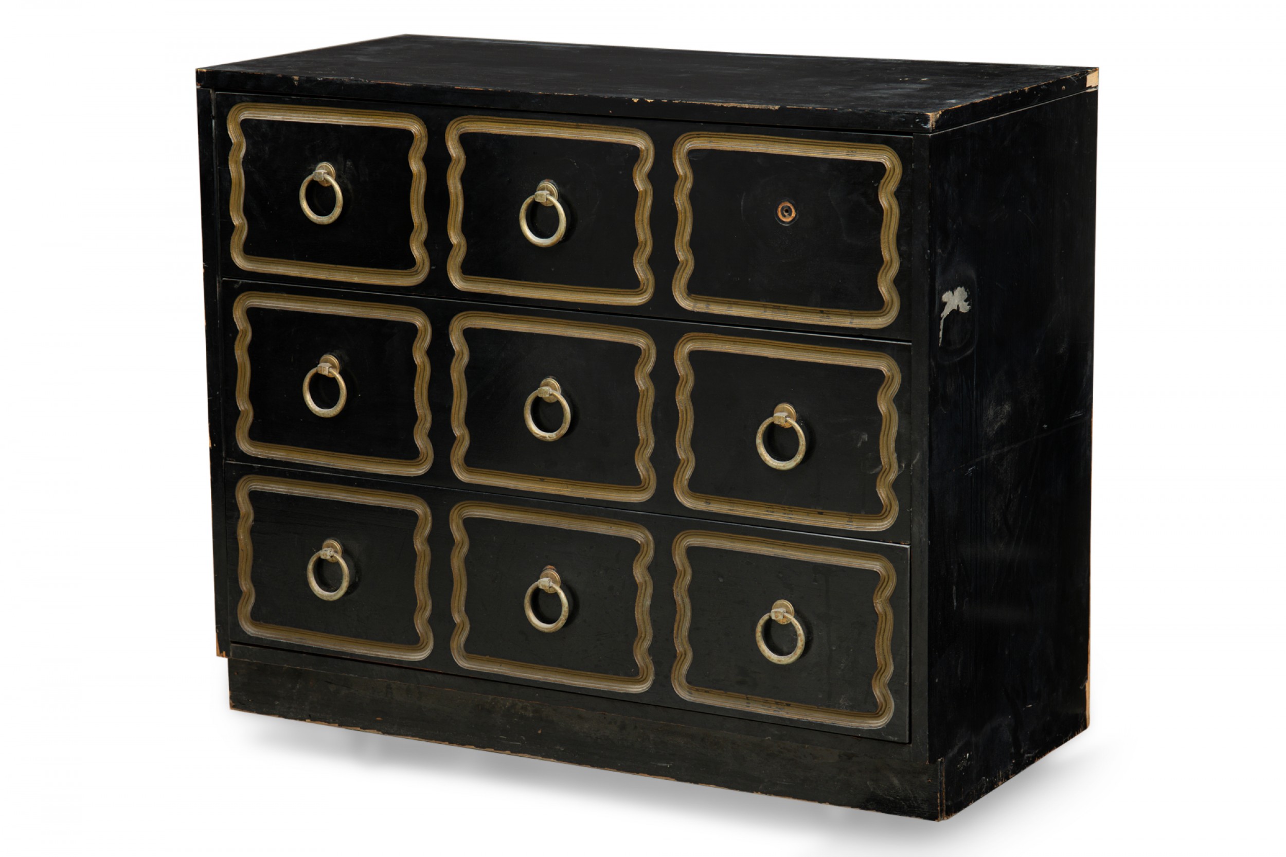 Dorothy draper american mid century black painted gilt accented 3 drawer chest