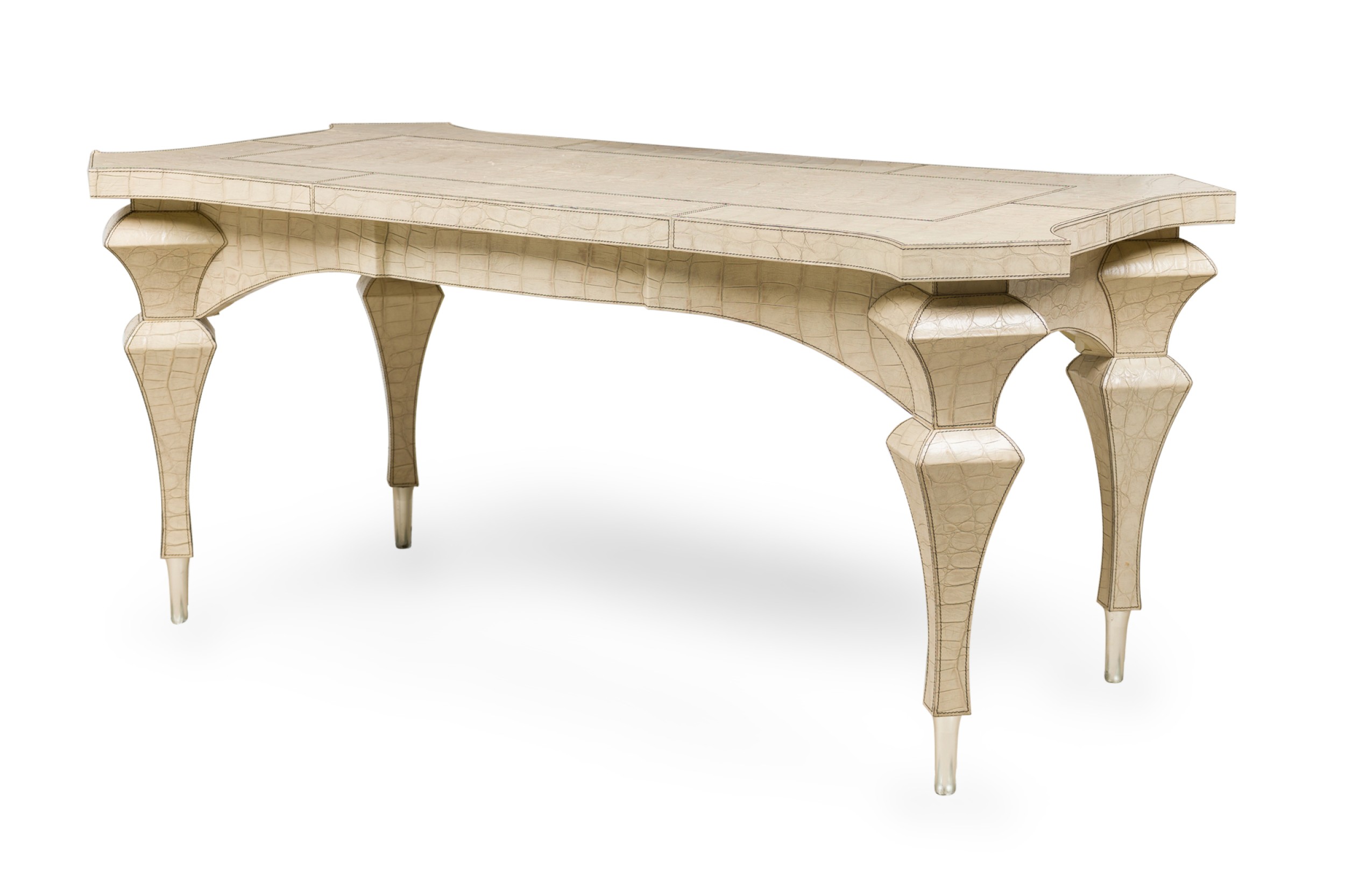 Mid century american embossed beige faux reptile leather desk