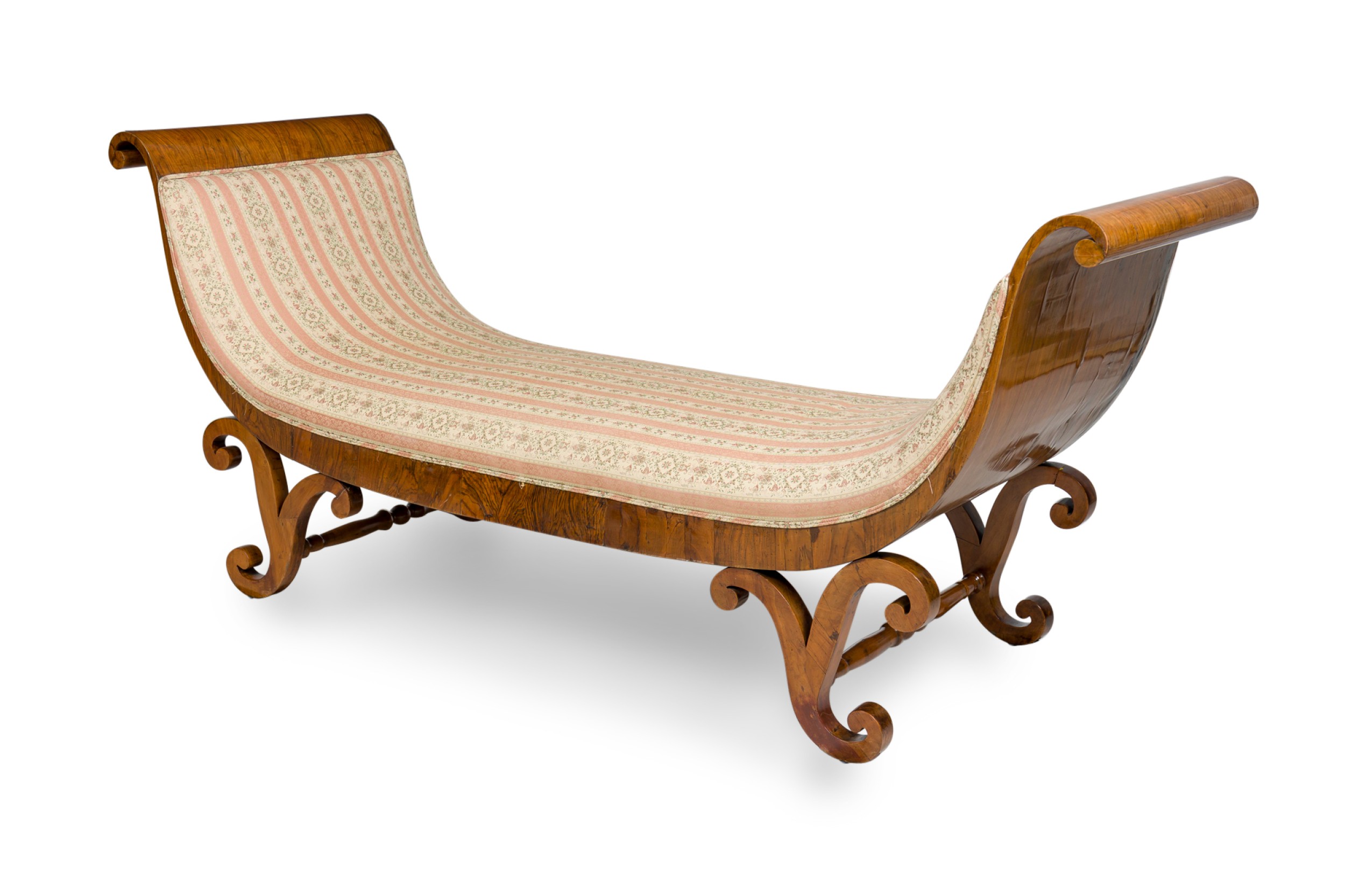 Biedermeier mahogany veneer pink and pale green damask upholstered chaise