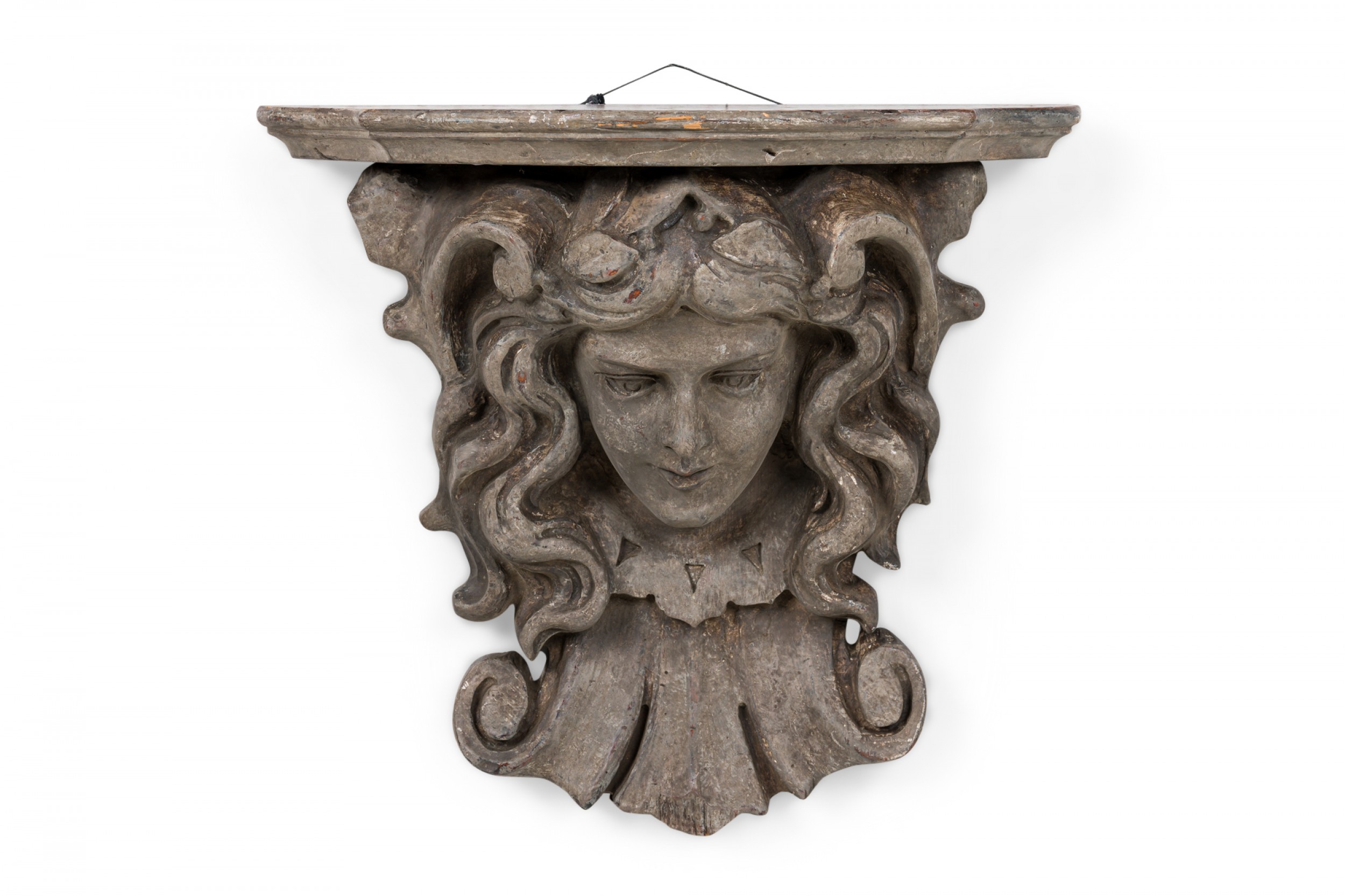 Italian rococo carved wood faux bois figural wall shelf architectural element