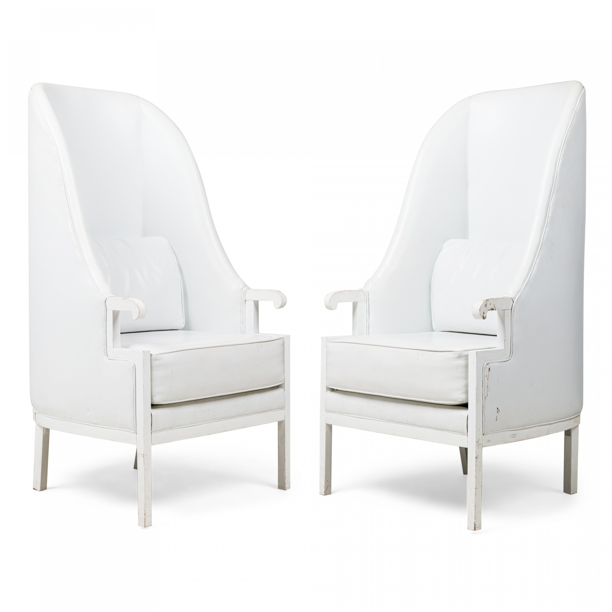 Pair of milo baughman mid century modern high back white wing armchairs