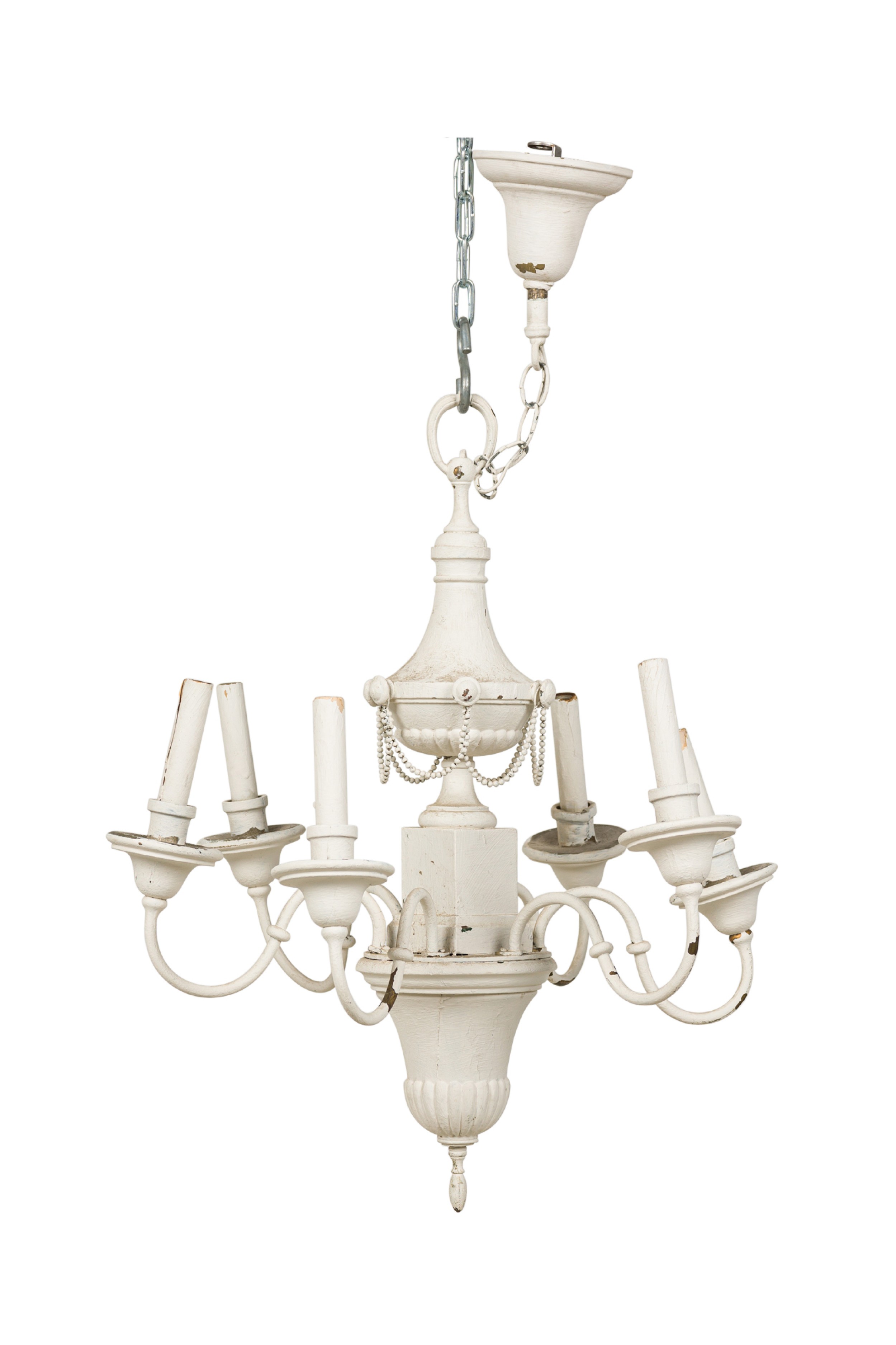 Swedish Gustavian style white painted tole 6 light chandelier