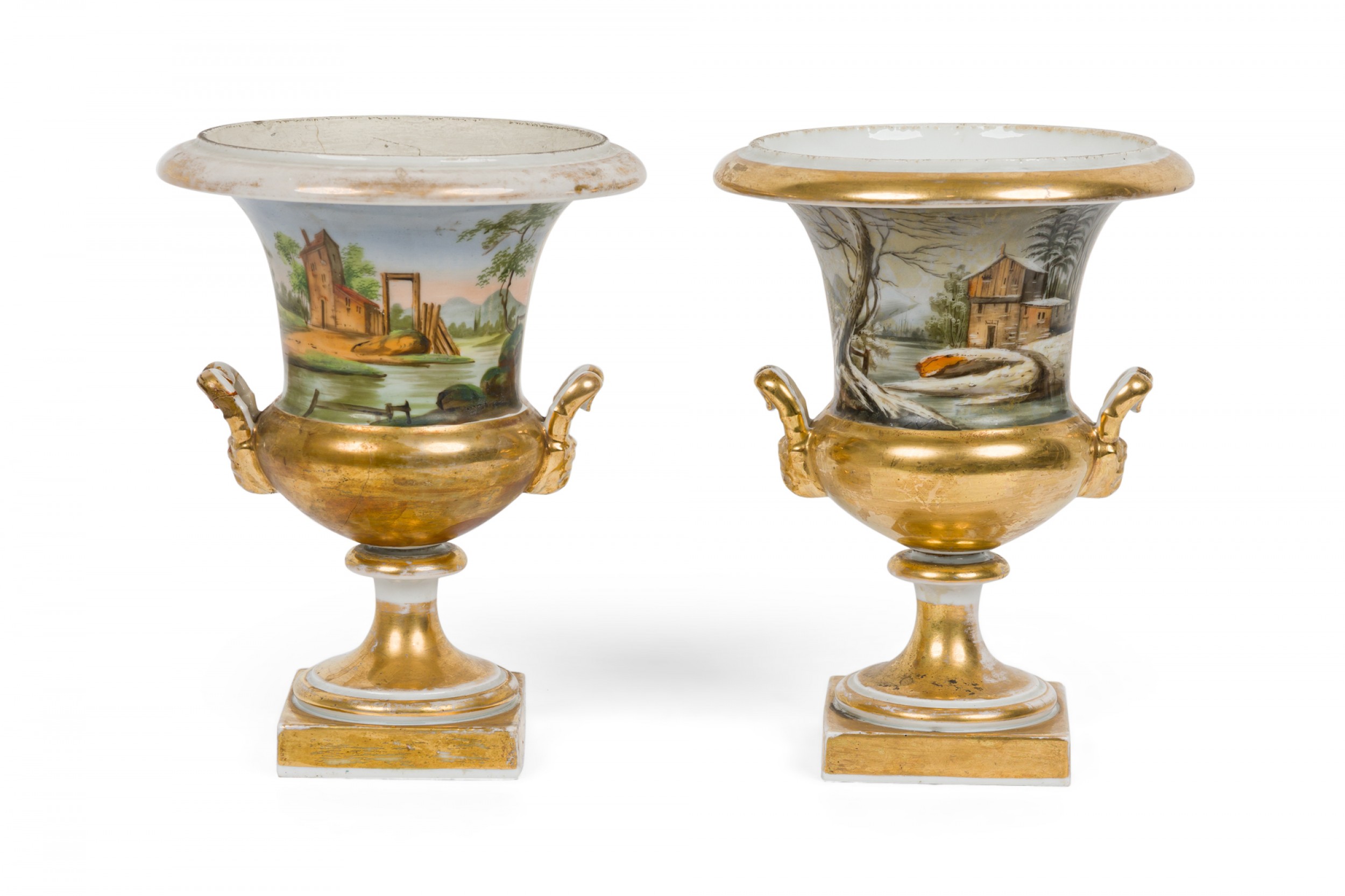Pair of french victorian sevre compagna gilt and painted porcelain urns