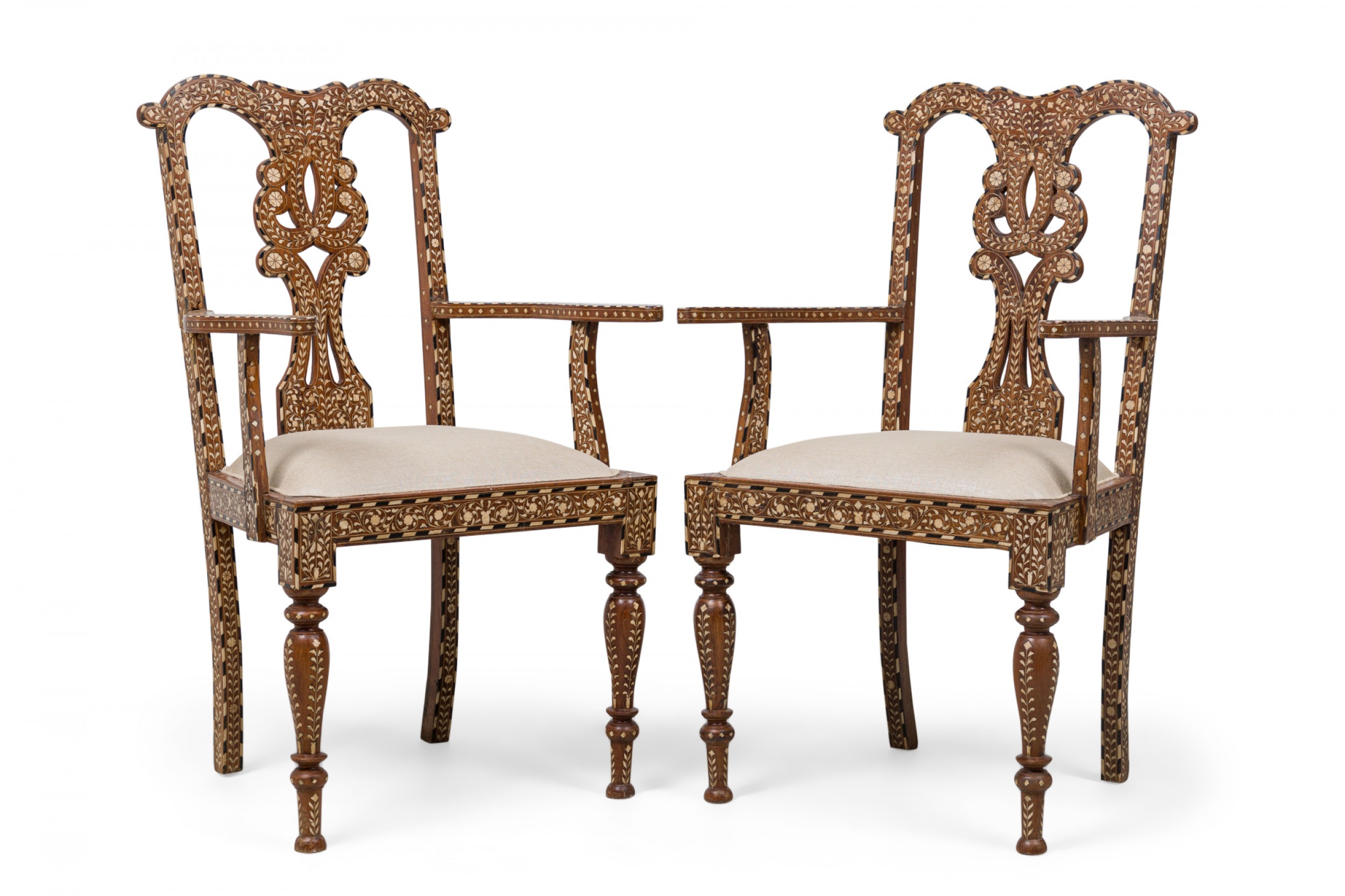 Set of 4 anglo indian carved hardwood and inlaid armchairs