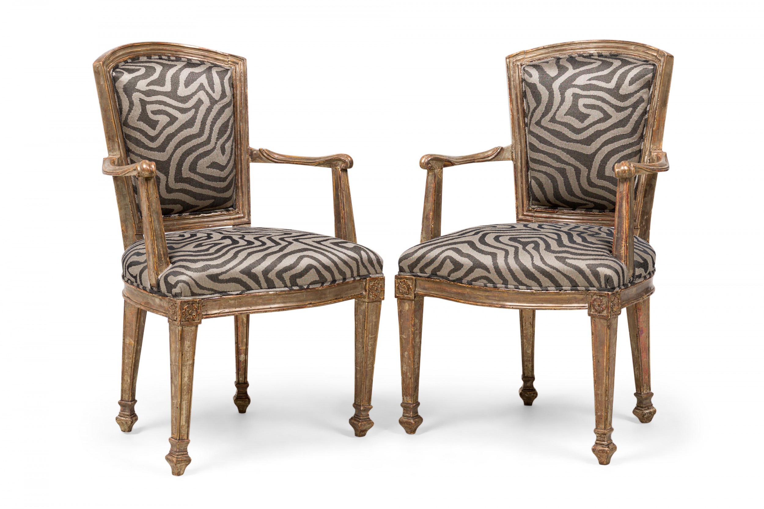 Set of 4 italian neo classic piedmontese silver giltwood upholstered armchairs