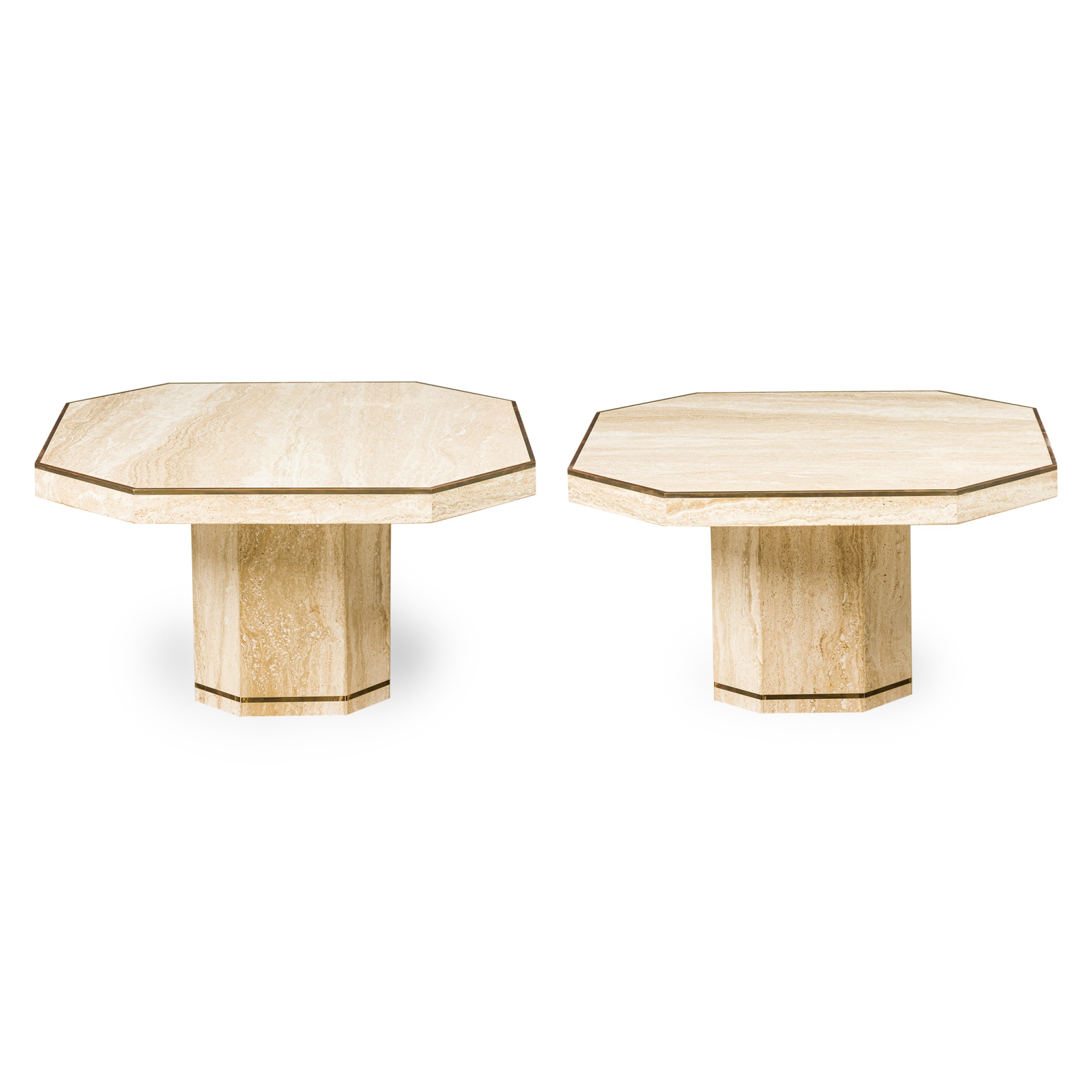 Pair of willy rizzo for jean charles mid century italian modern travertine low octagonal tables