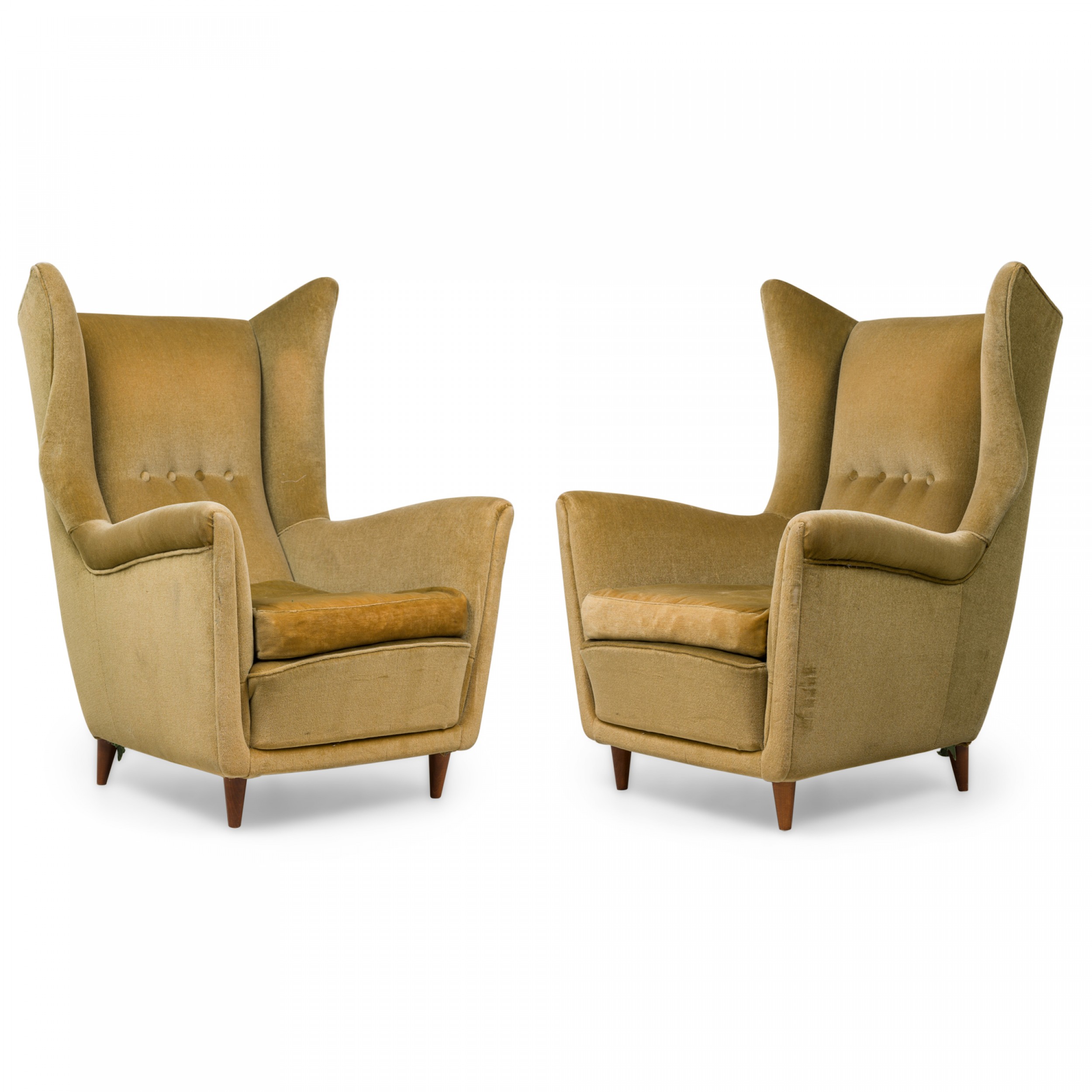 Pair of mid century italian modern gold velvet upholstered lounge armchairs manner of gio ponti