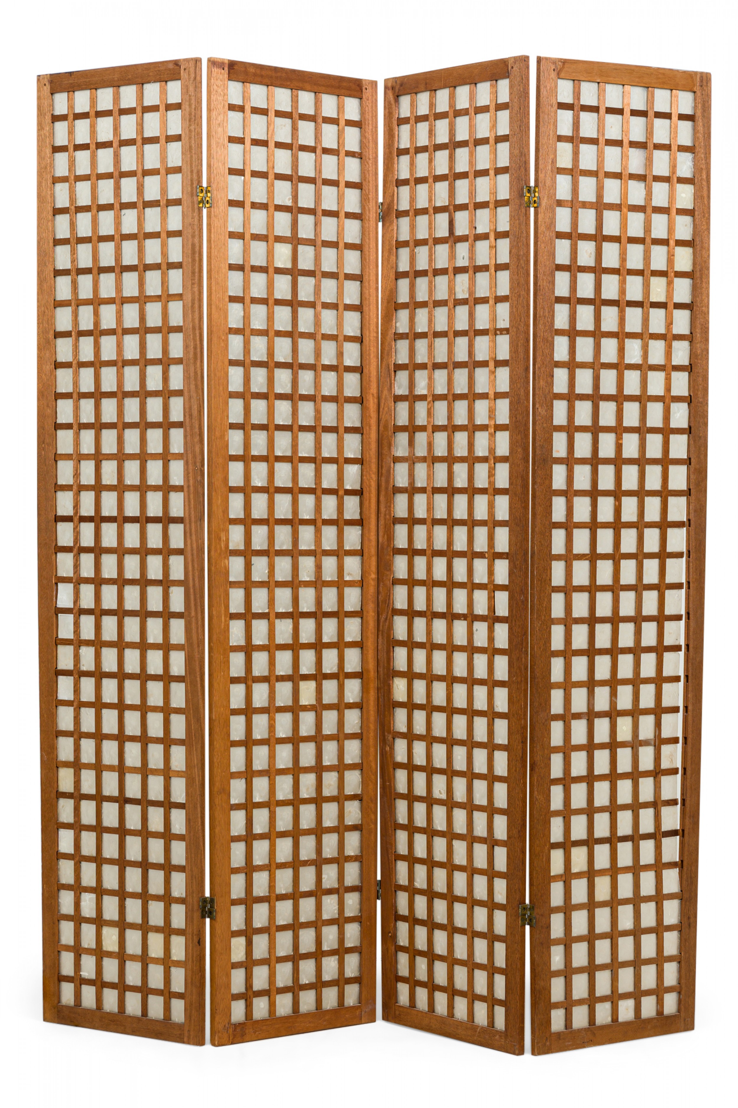 French mid century modern cerused wood and mother of pearl four panel screen