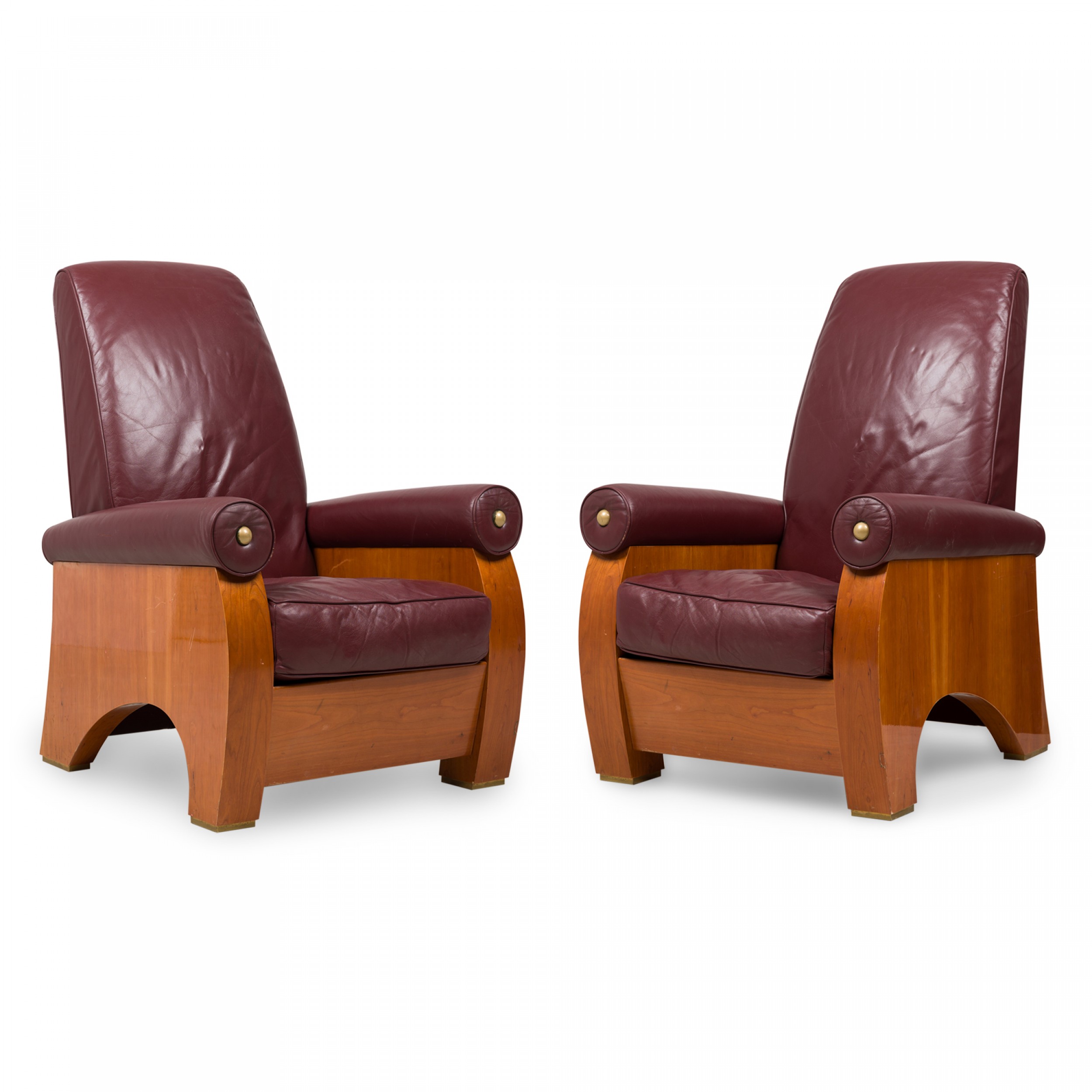 Pair of pace collection mid century american modern high back mahogany and burgundy leather chairs