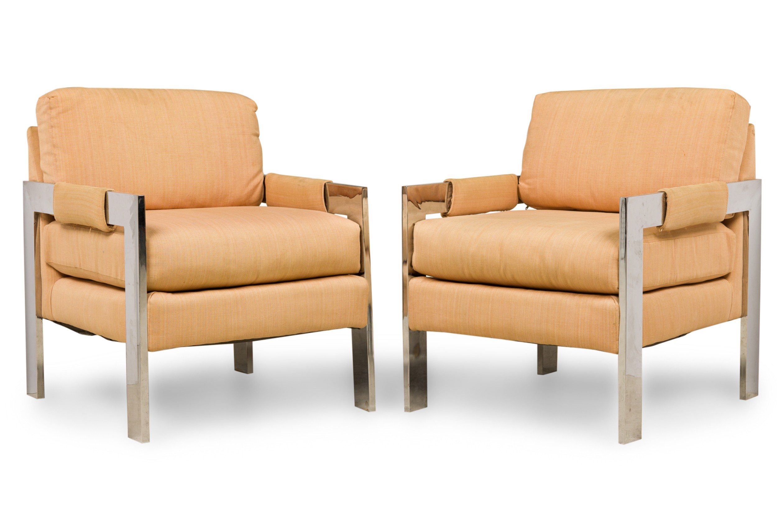 Pair of milo baughman for directional american mid century polished chrome upholstered armchairs