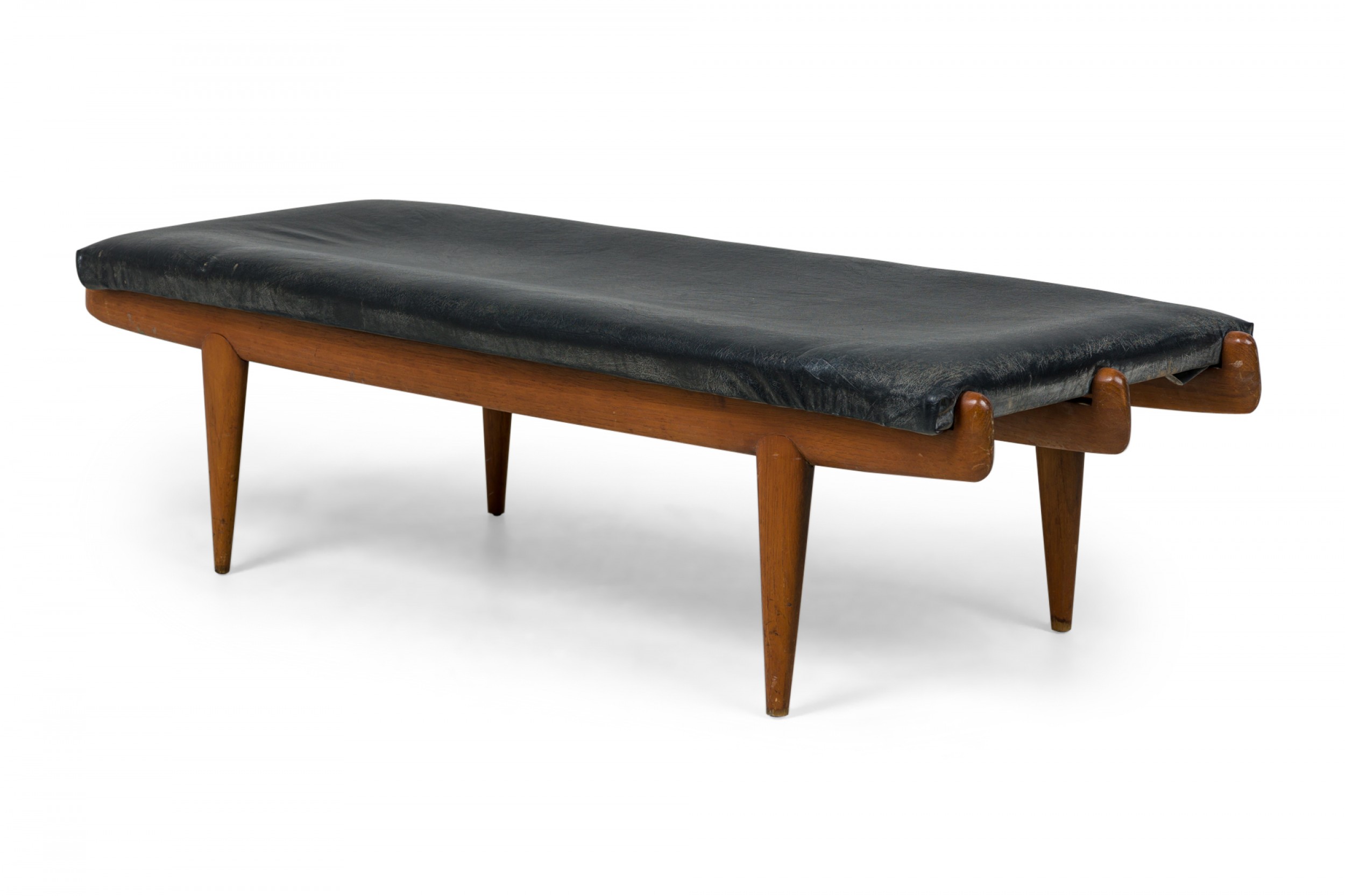 Vittorio dassi mid century italian modern walnut and black leather upholstered long bench 