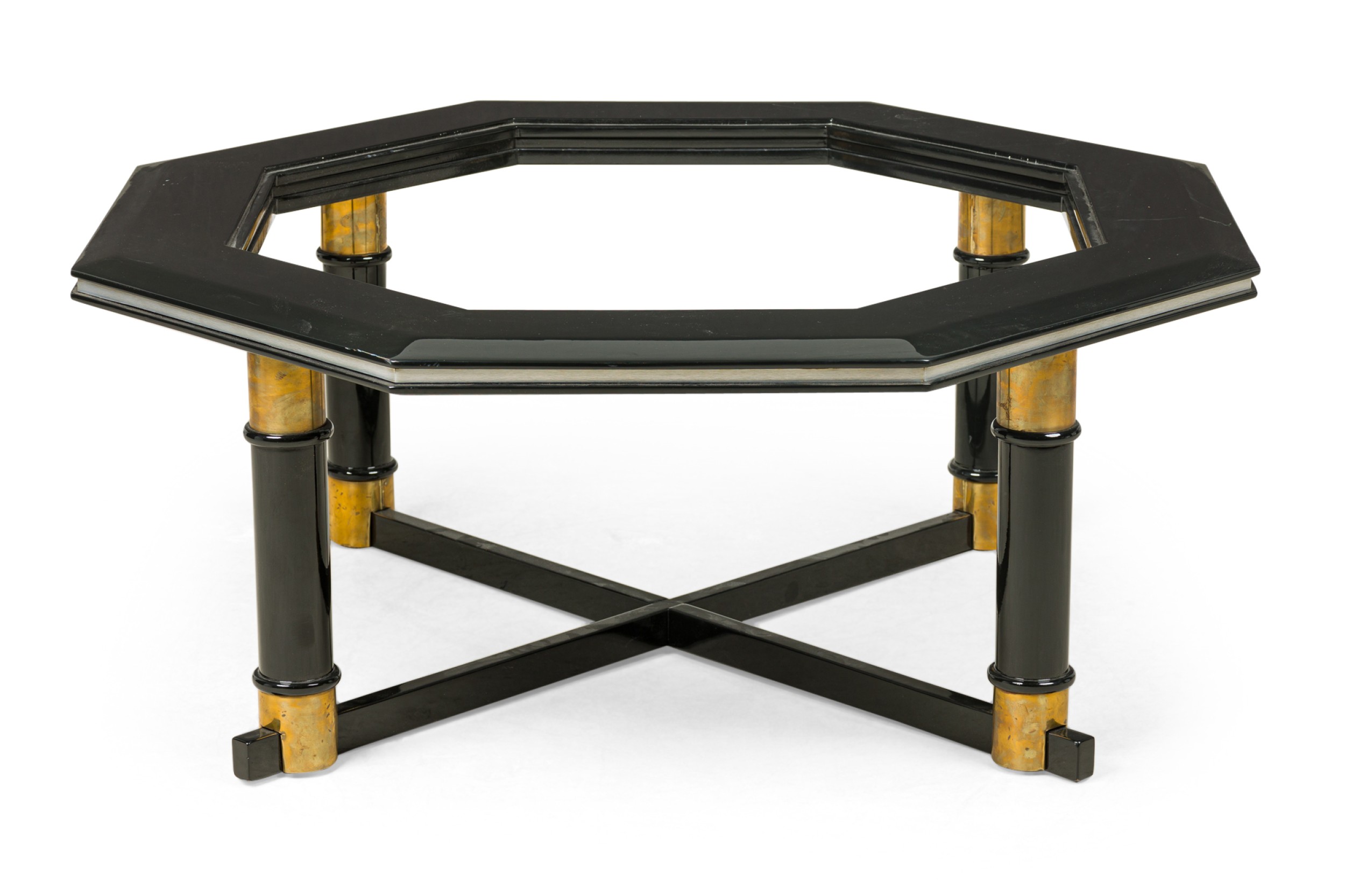 James mont mid century americna black lacquer and brass octagonal low coffee table frame