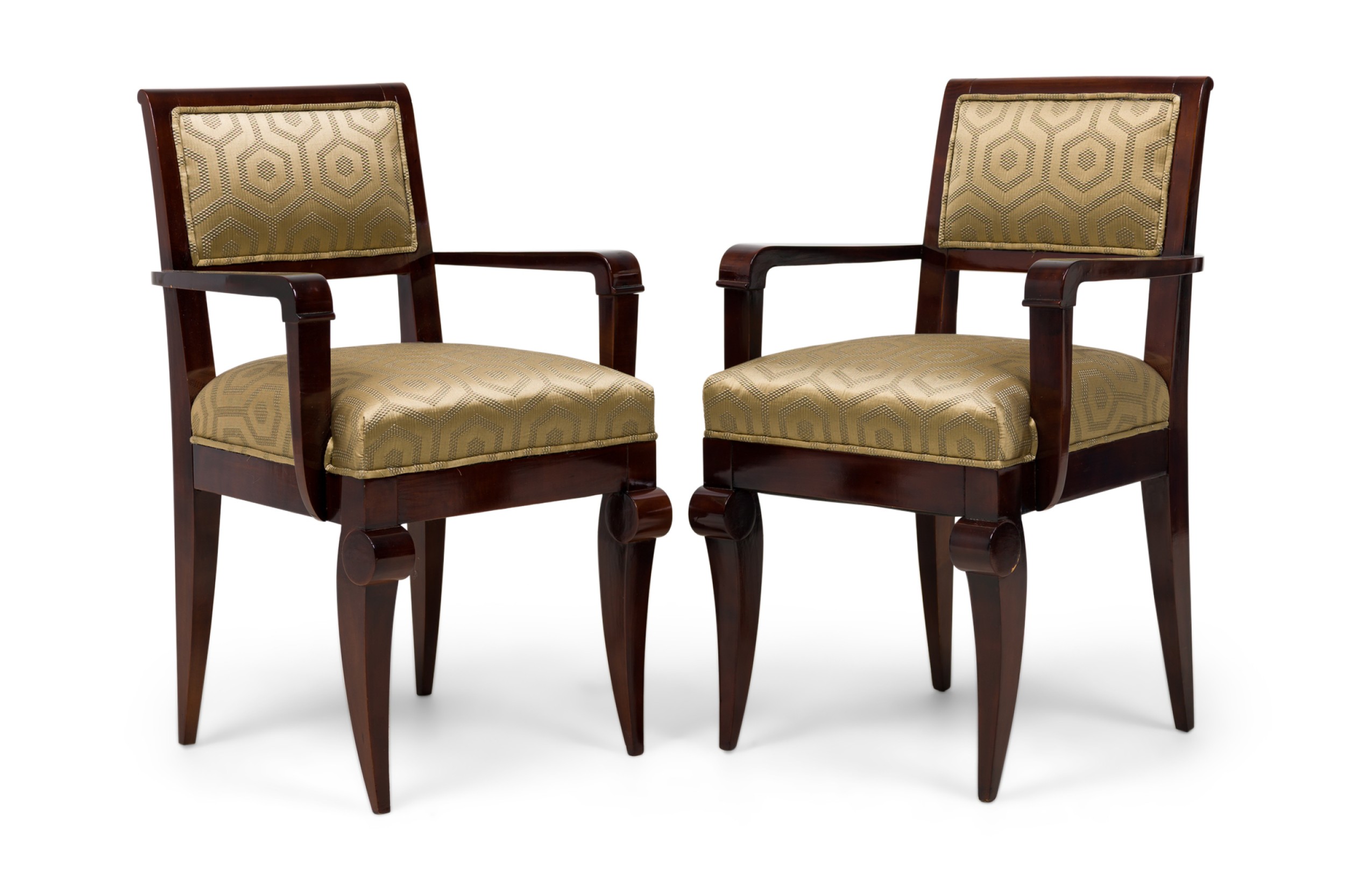 Set of 6 jules leleu french art deco amboyna gold geometric fabric upholstered dining armchairs