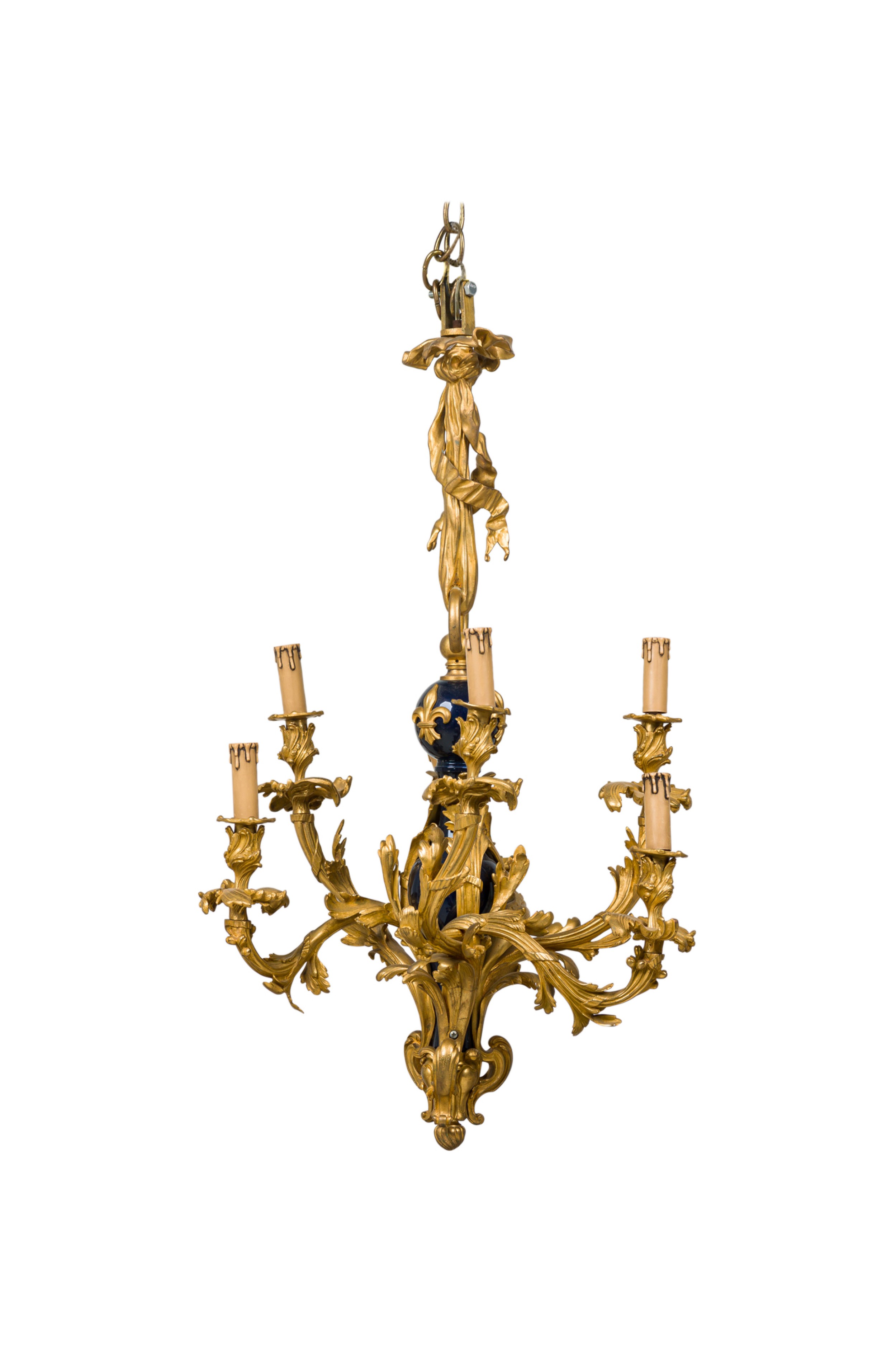 French louis xv style 19th century bronze dore and cobalt porcelain eight arm chandelier