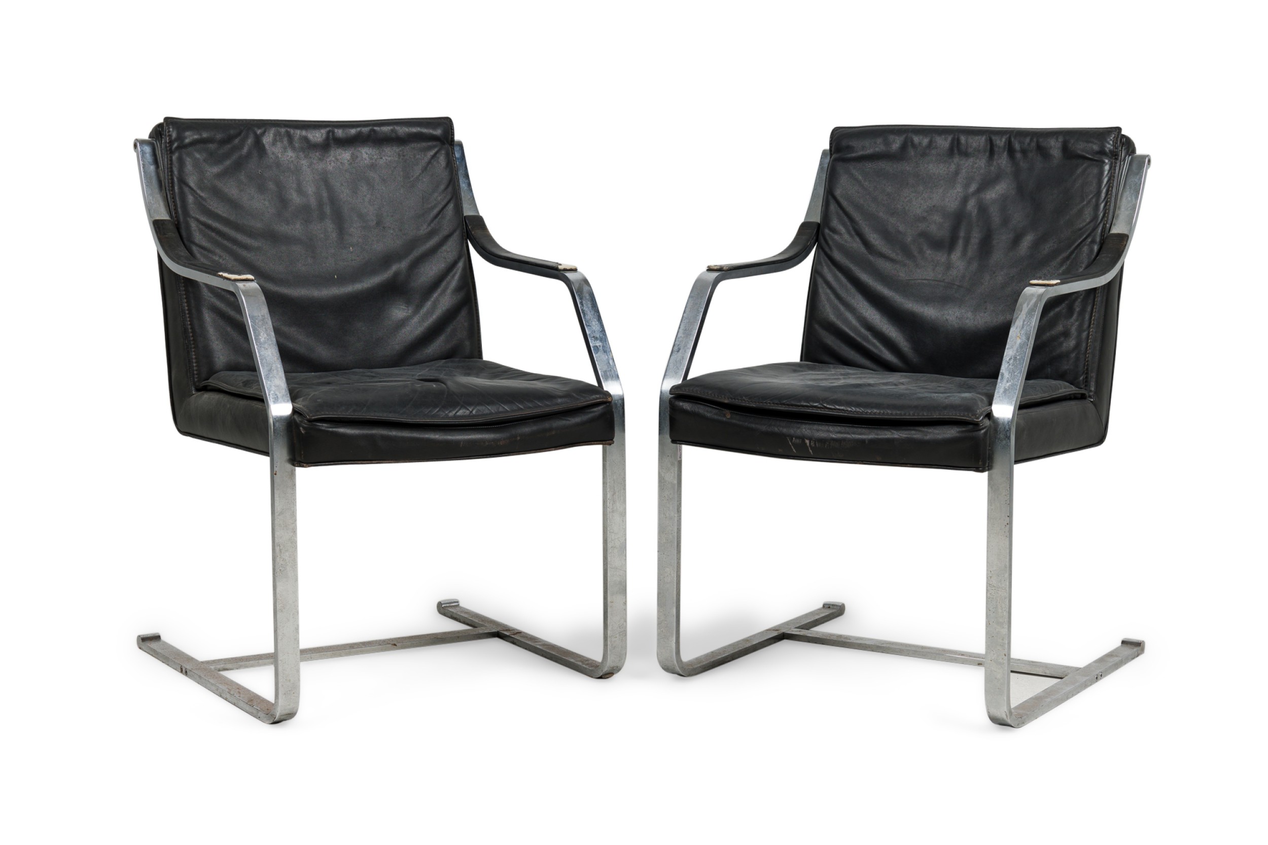 Set of 2 french Mid Century steel and black leather armchairs by maison jansen