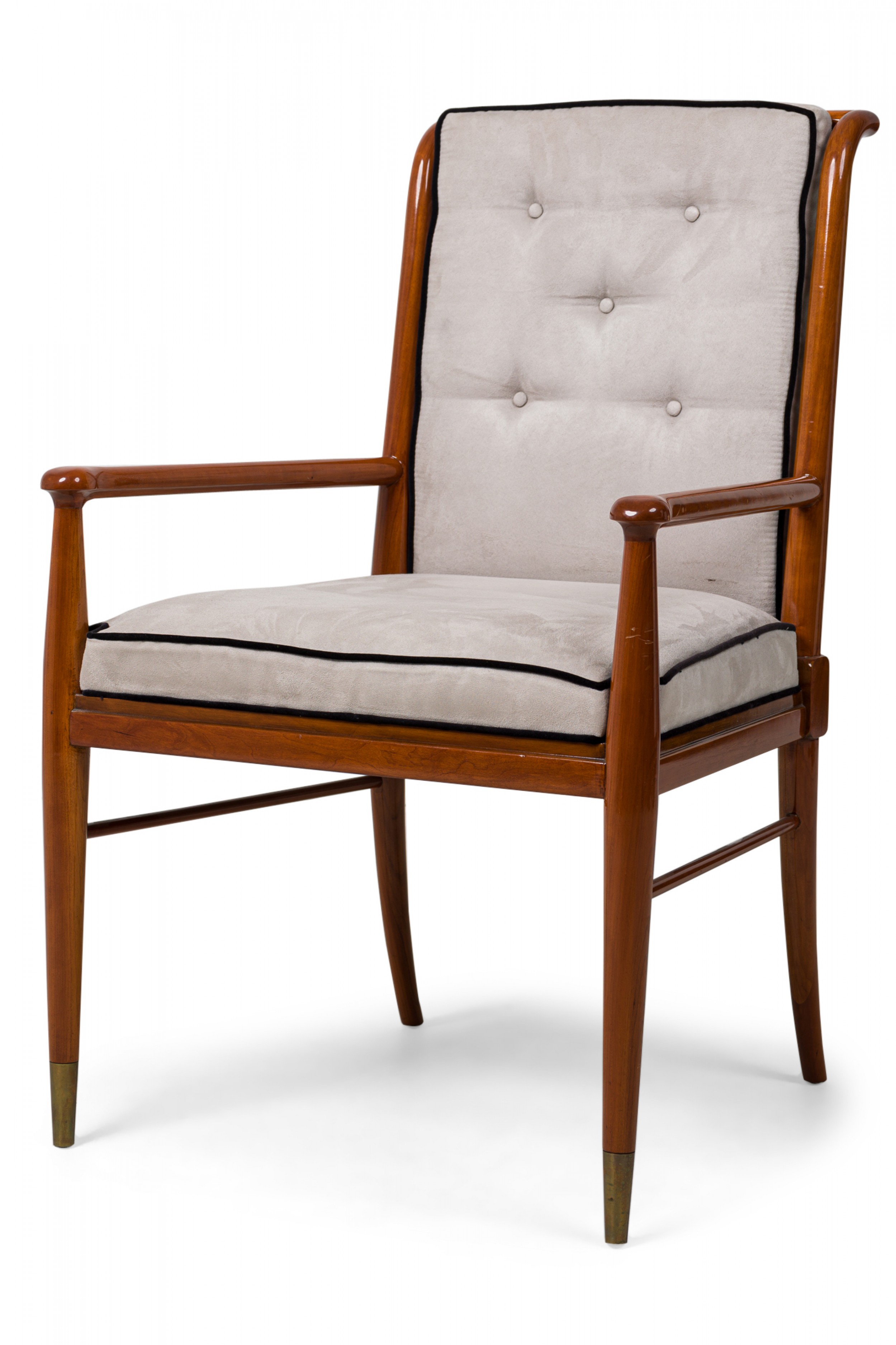 John stuart mid century american walnut and brass gray suede upholstered armchair