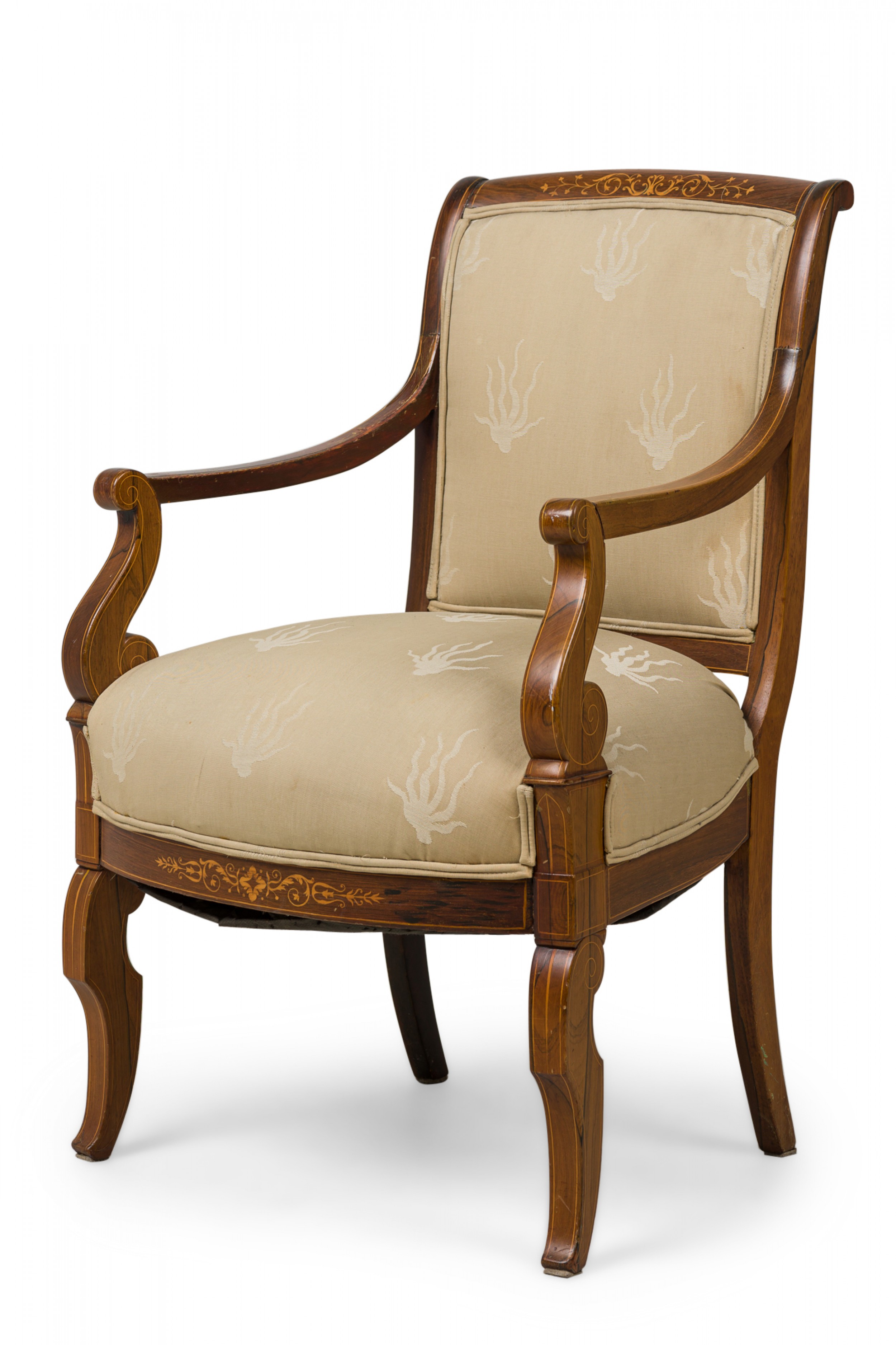 French charles x inlaid mahogany and walnut open armchair in beige upholstery