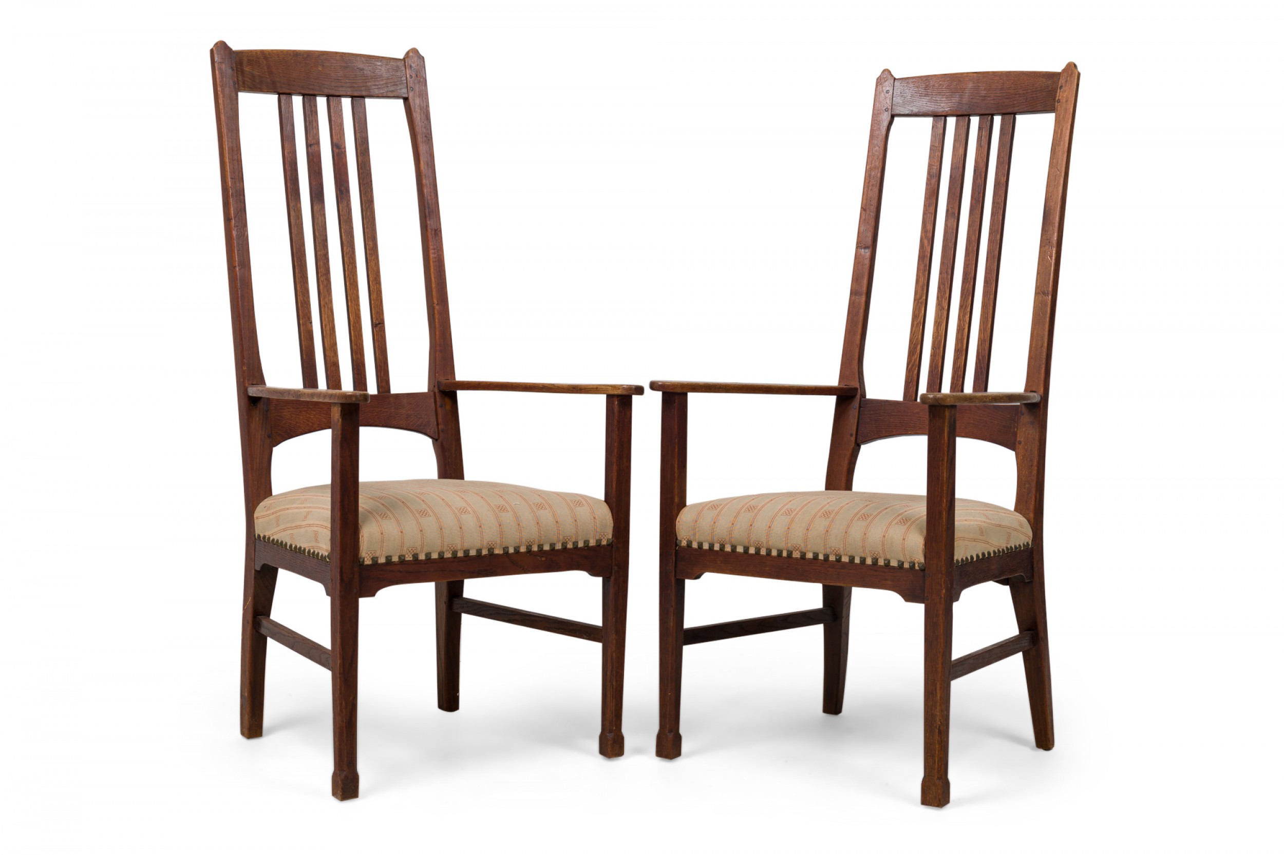 Pair of liberty of london english arts and crafts high slat back beige upholstered side chairs