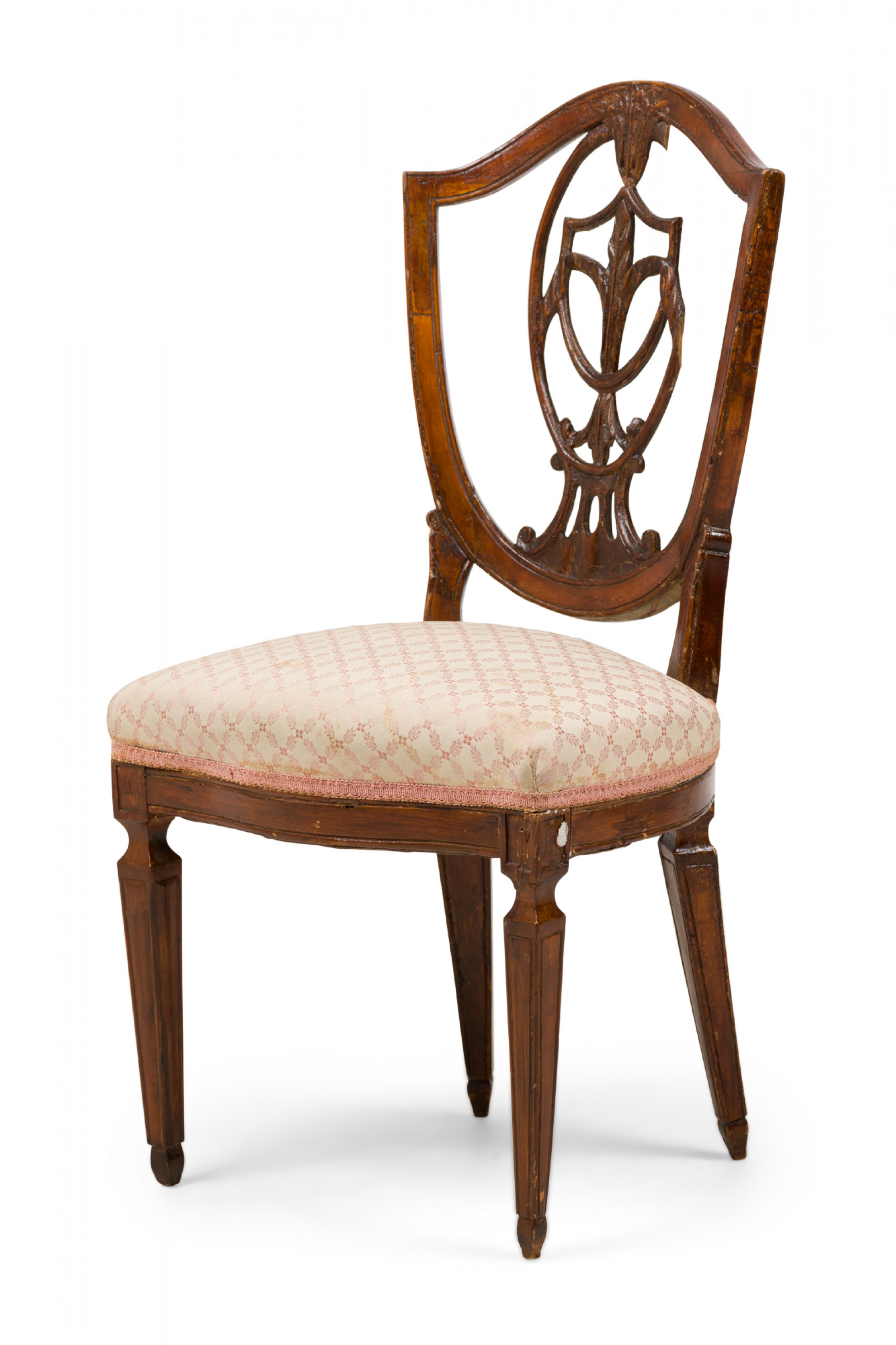 Italian neo classic shield back dining side chair with floral patterned beige upholstery