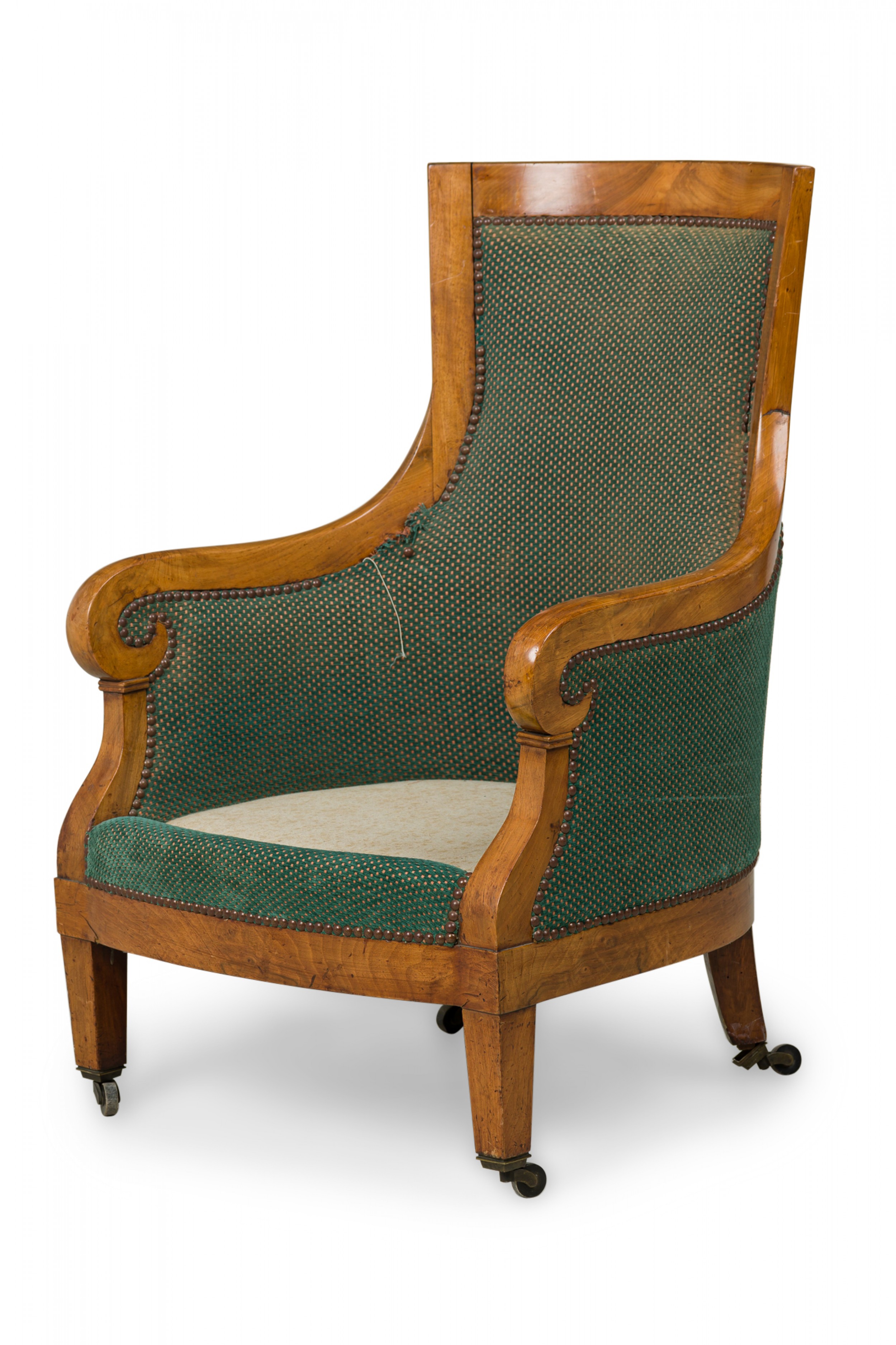 Biedermeier birch veneer green upholstered bergere armchair