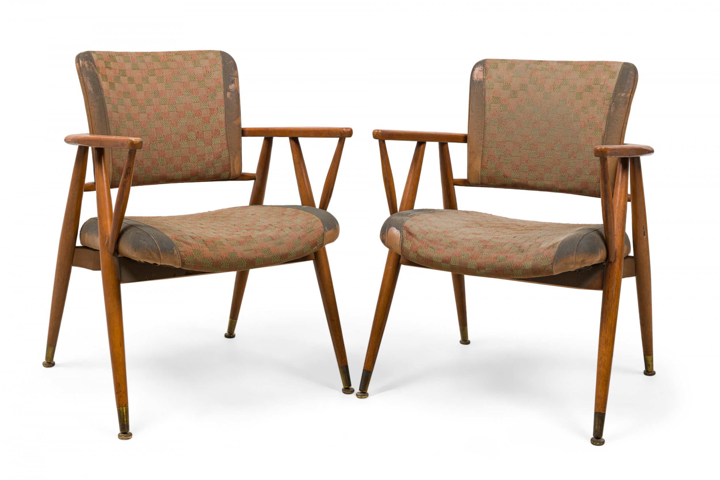 Pair of mid century american gray and beige geometric upholstered armchairs manner of gio ponti